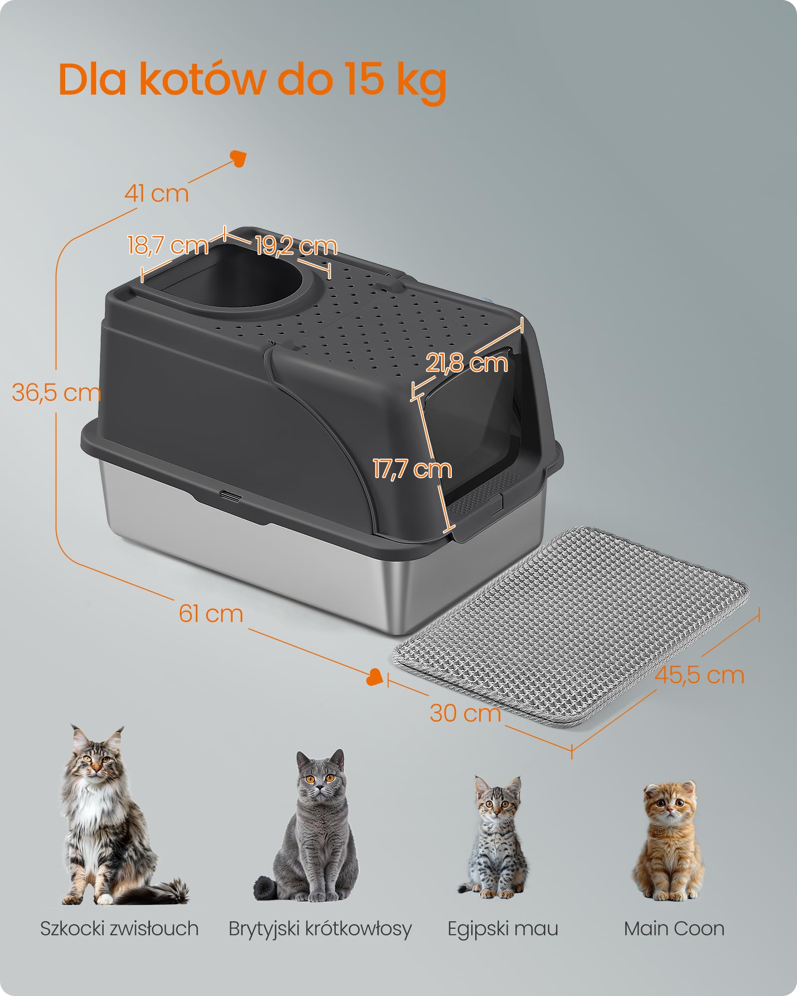 Feandrea Kuweta dla kota ze stali nierdzewnej, XL, z pokrywą, łopatką, szczotką i 2 wejściami, dla kotów do 15 kg, kolor czarny PPT005BH01
