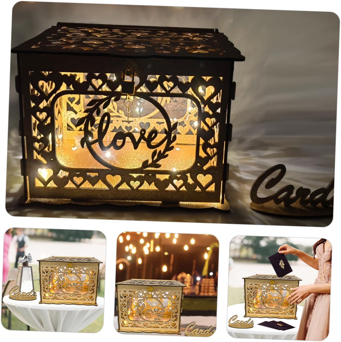 CHILDWEET Wooden Hollow Glitter Card Box Wedding Reception Envelope Money Storage Box Anniversary Cards Holder Decorative Collecting for Party