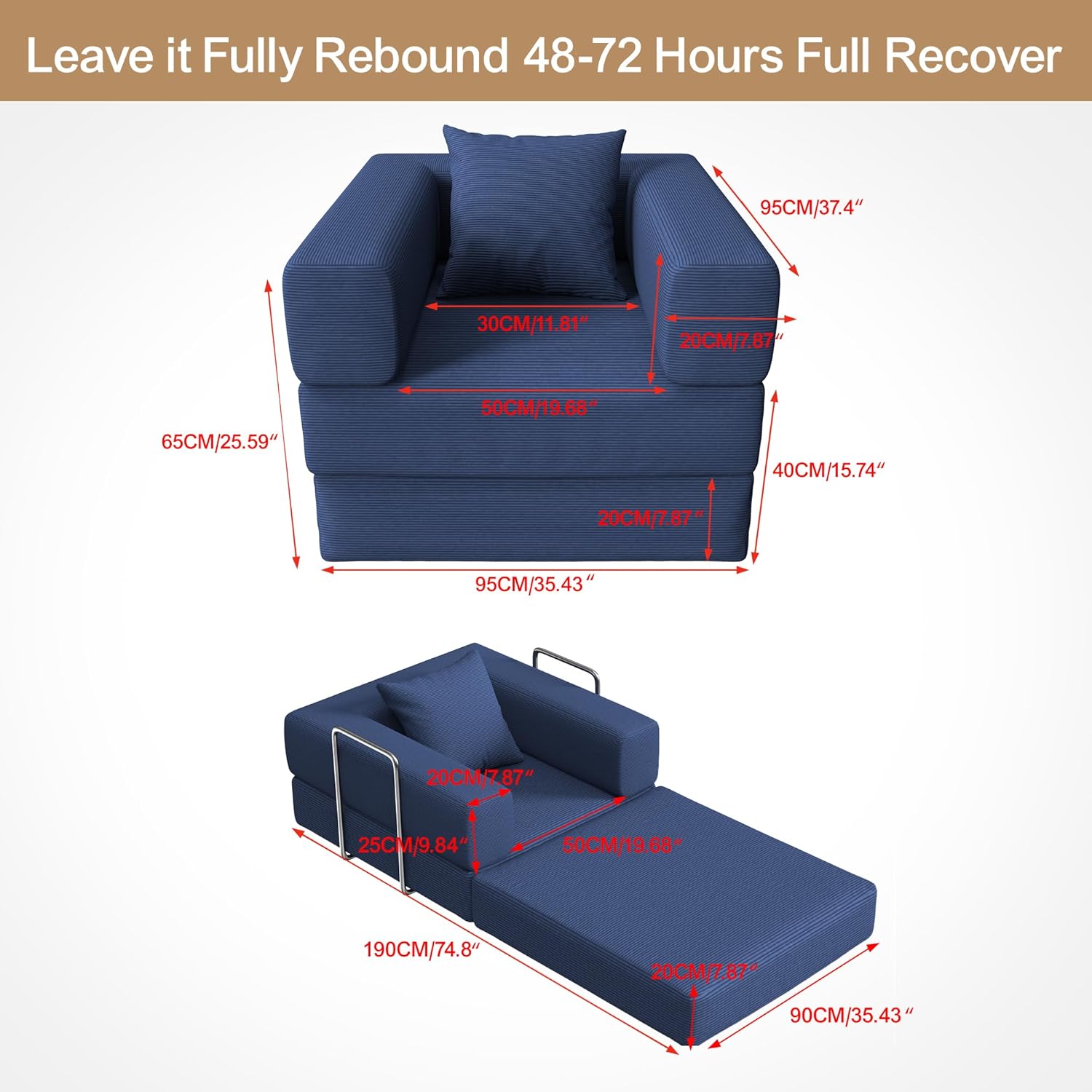 Folding Sofa Bed, 2 in 1 Convertible Sofas to Lounger Comfy Single Bean Bag Chair Floor Portable Foldable Sleeper Lazy Futon Couch Chair for Bedroom, Living Room (Blue, 35.43" Single Sofa)