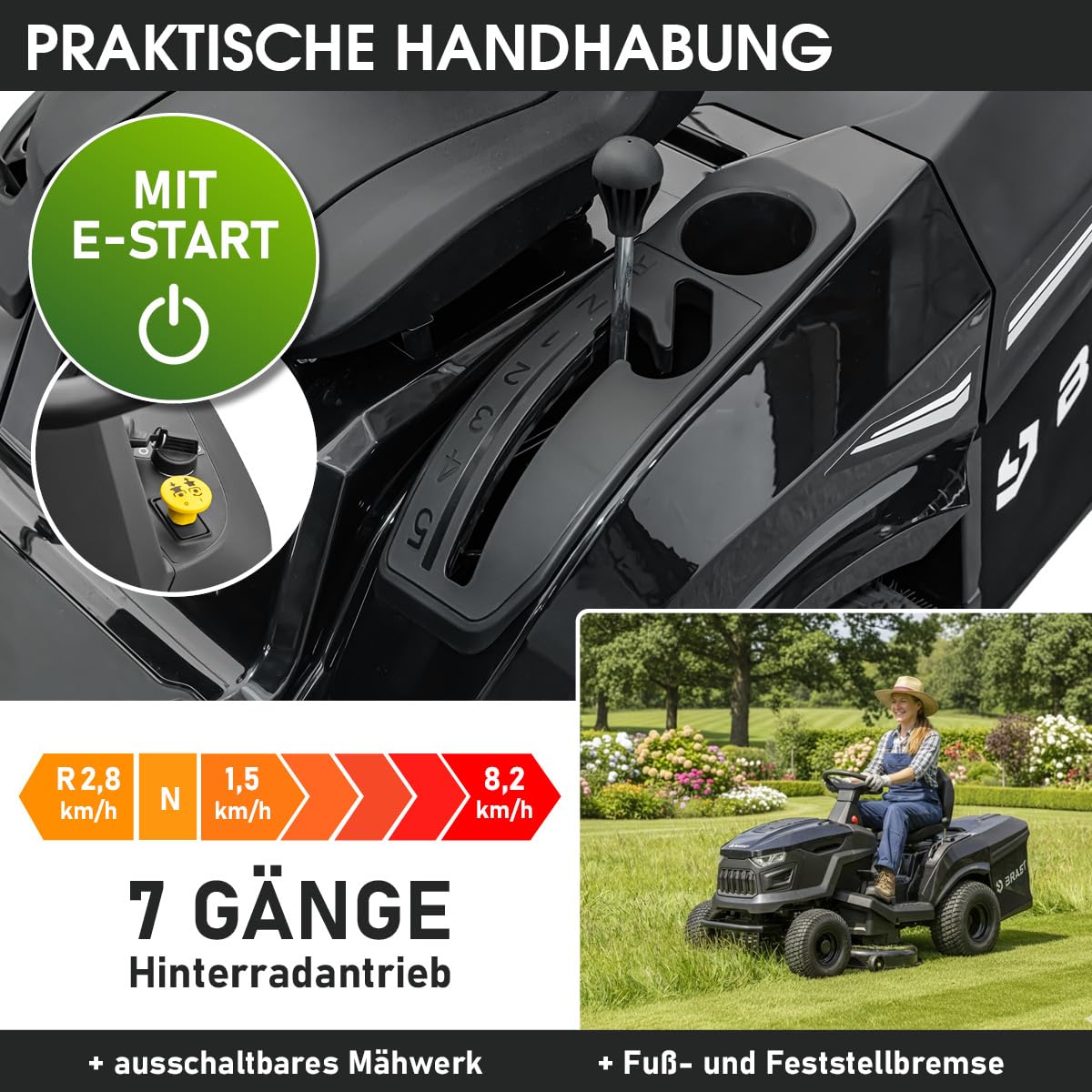 BRAST Benzin Rasentraktor Aufsitzmäher | 9,2 kW (12,5 PS) | Elektrostart | XXL Schnittbreite 98cm | 2in1-Funktion | 7-Gang-Getriebe | 245L Fangkorb | für große Rasenflächen 1.000-5.000 m²
