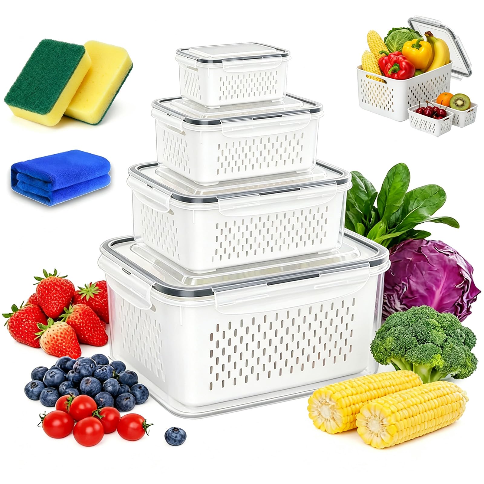 Liocwocne Food Storage Containers for Fridge with Removable Colander & Airtight Lids (Gray,4PCS)