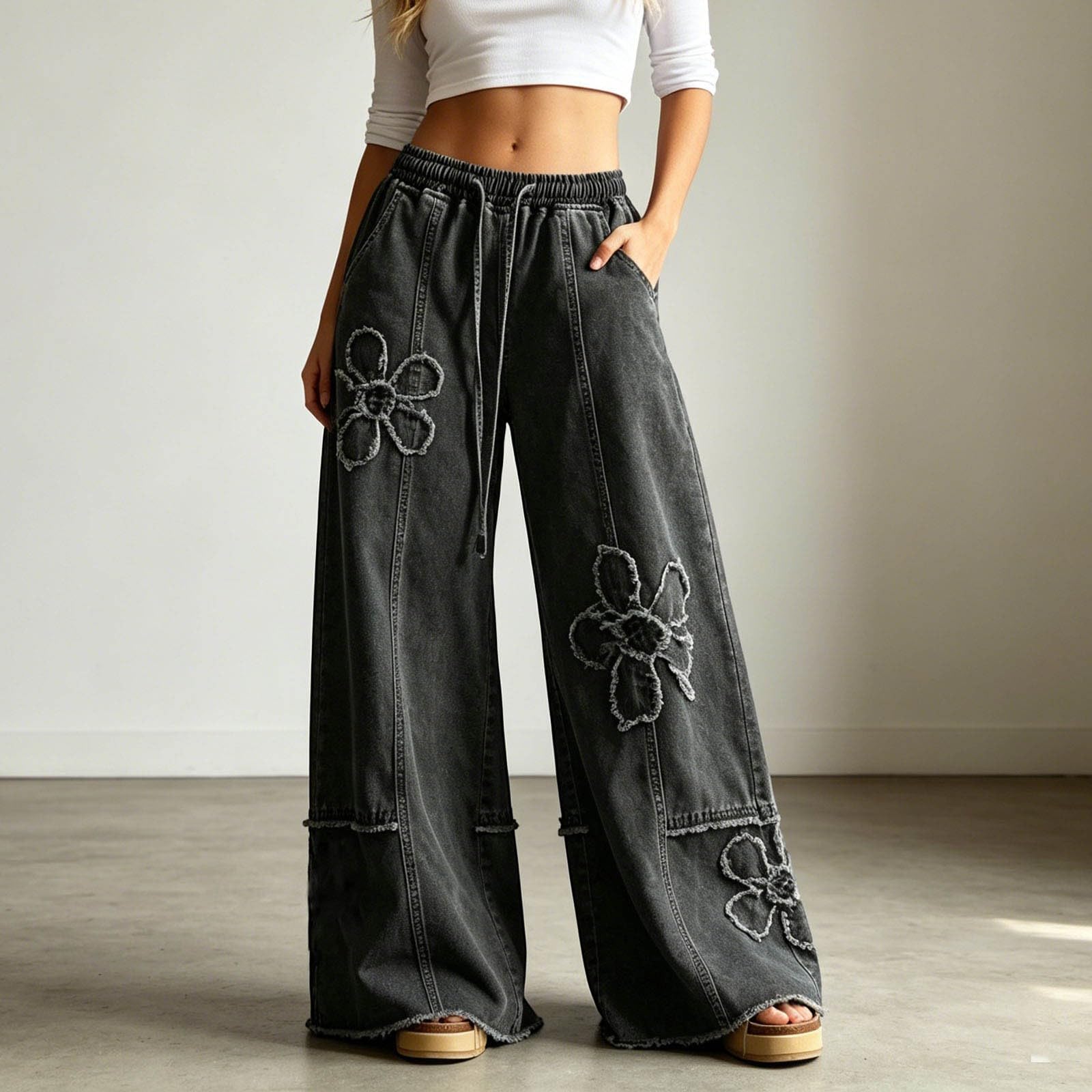 Jeans Estivi Donna,Jeans a Gamba Larga a Vita Alta con Ricami e Effetto usurato, Perfetti per Tutti i Giorni e per Un Comfort immediato.