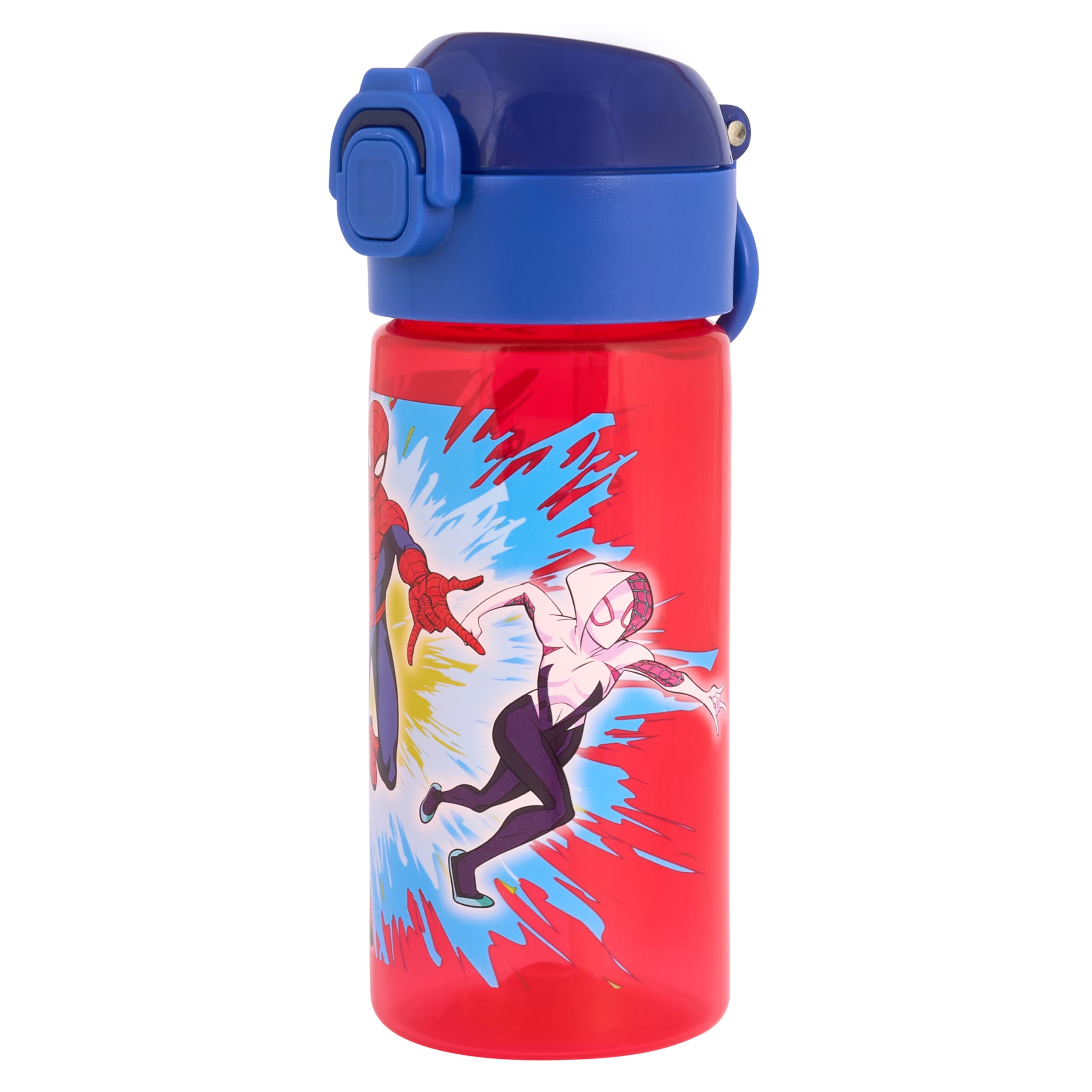 Marvel Spider-Man 420ml Polypropylene Water Bottle with Push Button Lid and Ring Handle by Polar Gear, Featuring Miles Morales and Ghost Spider, Ages 48+ Months, Red & Blue