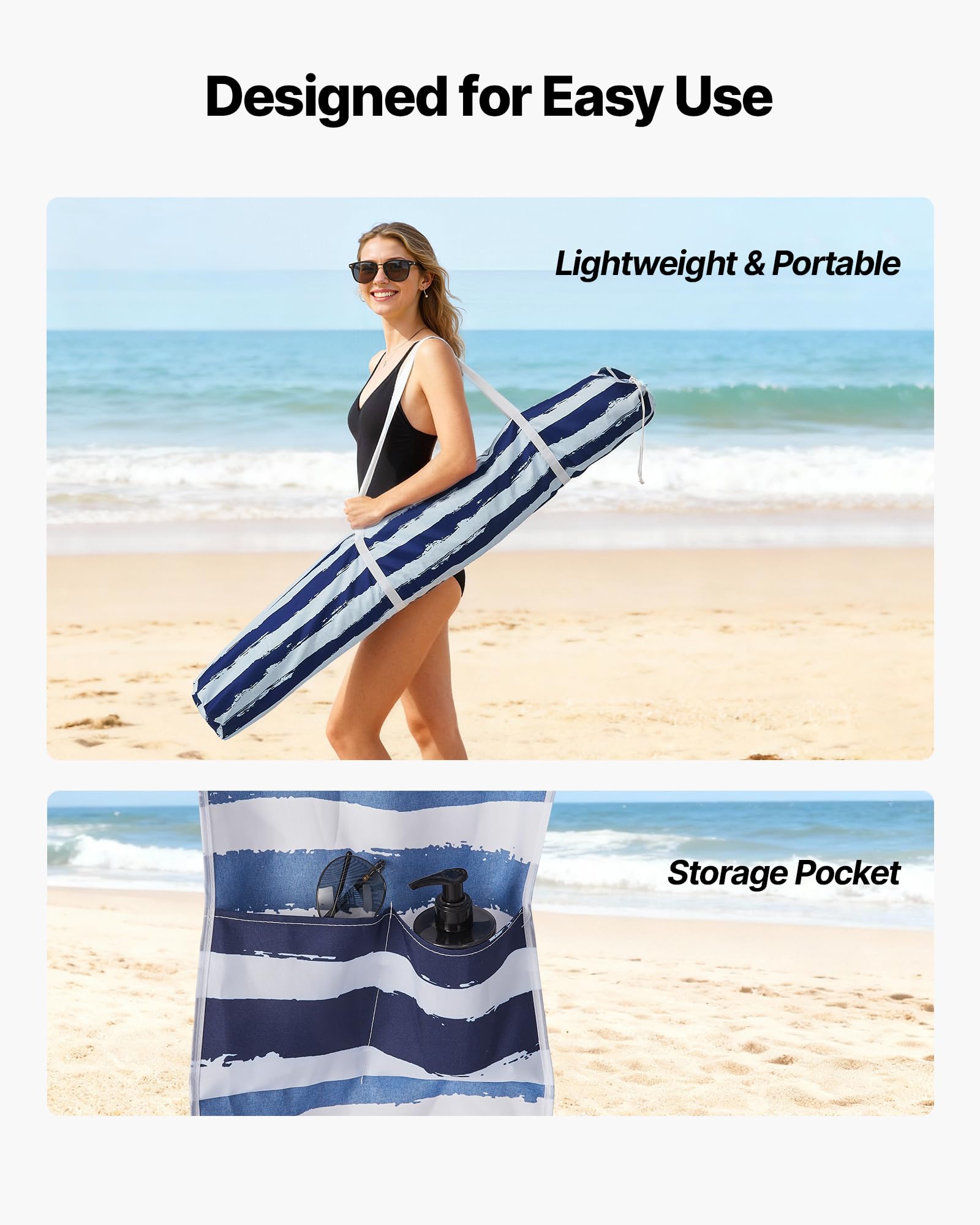 VEVOR Cabaña de Playa con Panel Lateral, Protección Solar UPF 50+, Sacos de Arena, Sombrilla Portátil para Disfrutar en Familia y con Amigos, Rayas Azul Marino y Blanco, 1830 x 1830 x 2290 mm