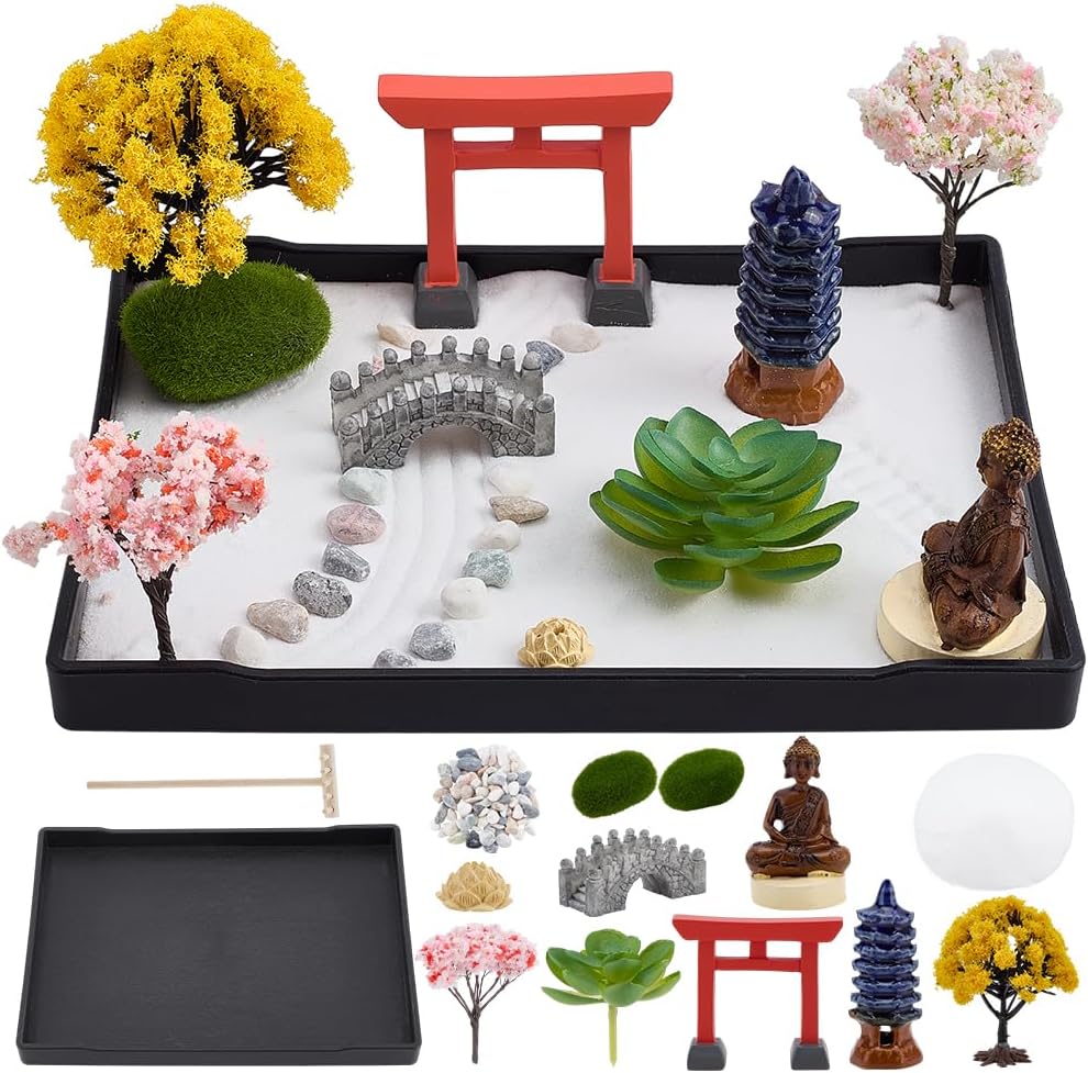 WEBEEDY Mini Meditation Zen Garden Kit Meditation Rock Sand Garden Desktop Relaxation Decor with Tray, Buddha, Tree, Sand, Rakes for Home Office Desk Relaxation Decor Gift, 8.3x6.2 Inch/21x15.7 cm