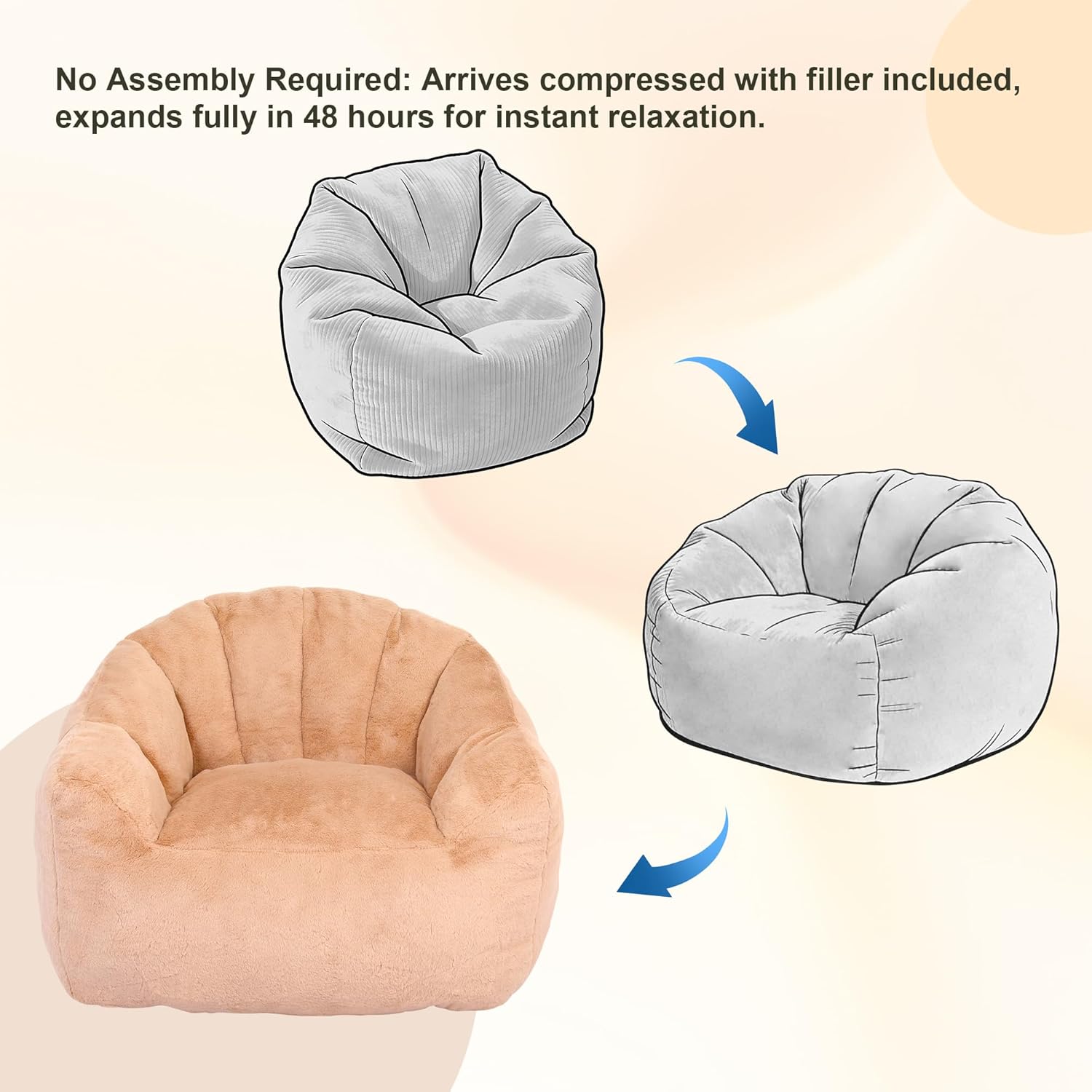 Bean Bag Chair, Bean Bag Couch for Adults and Kids, Comfy Shell-Shaped Chair with Filler Armrests Stuffed High-Density Foam Stuffed Sofa Lounge Floor Sofa for Bedroom,Gaming, Reading,Orange