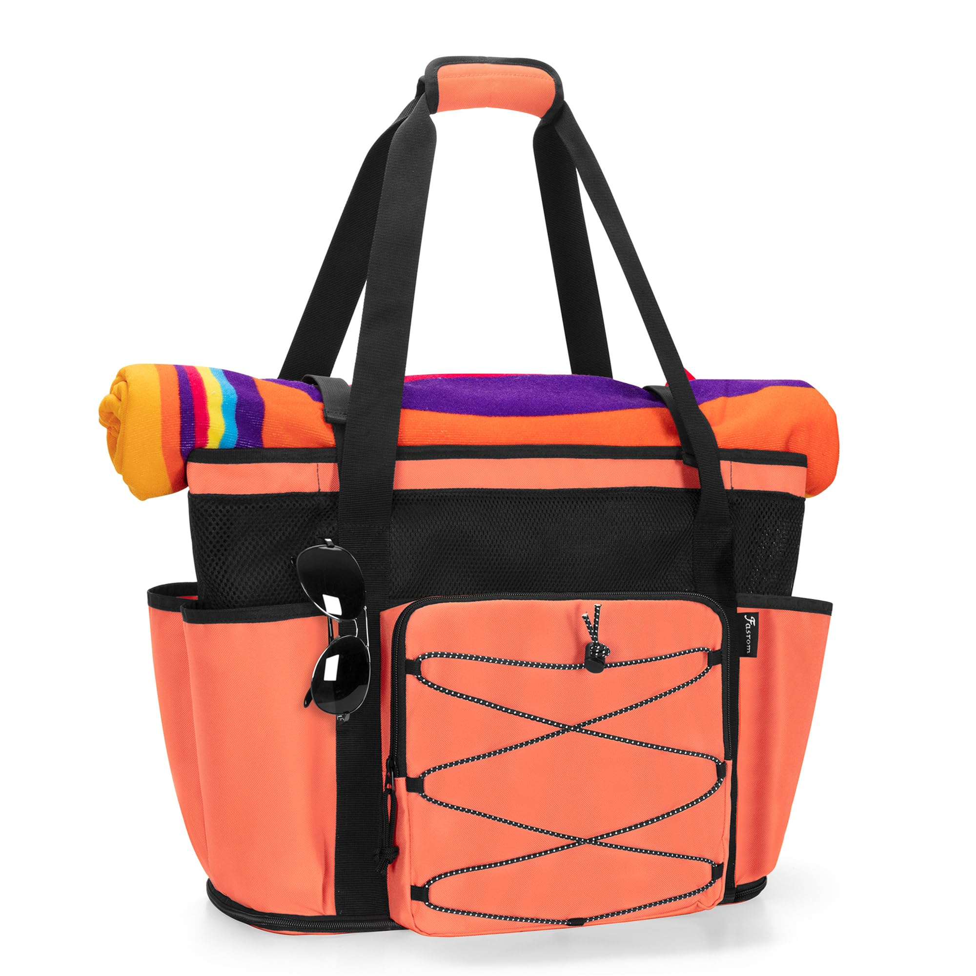 Grand Sac de Plage en Maille avec Fond Zippé, Séparation Humide/Sec, Orange | 2 couches séparées, poche imperméable translucide, 6 pochettes élastiques, 1 poche zippée, compartiment avant filet