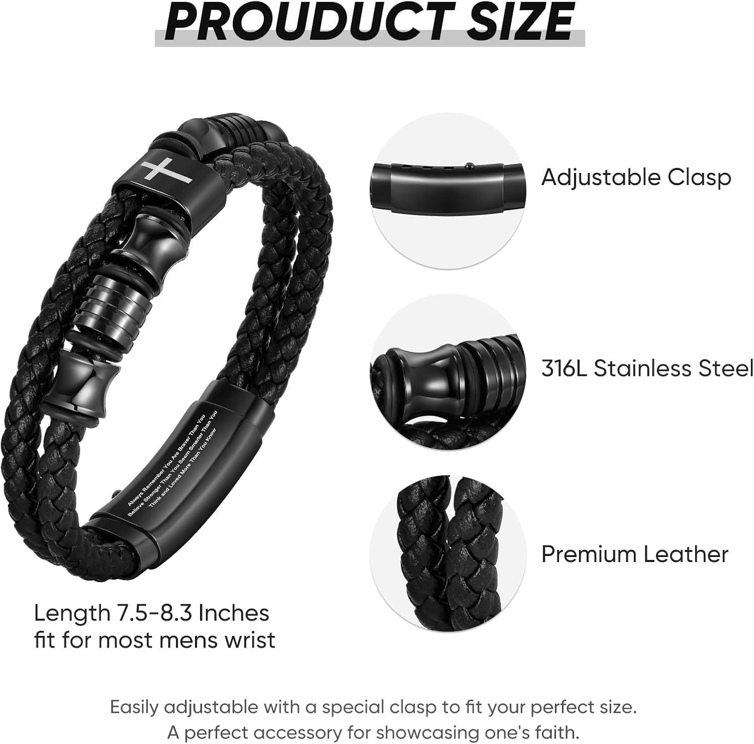 TempBeau Christian Black Leather Bracelet for Men - Double-Row Braided Leather Faith Cross Bracelets for Mens Jewelry Gift Religious Baptism Easter Gifts for Young Men Teenage,Adjustable Wristband - Image 5