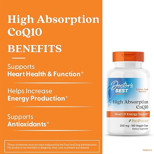 Miniatura 8 de Doctor's Best CoQ10 de alta absorción con bioperina, salud cardíaca y producción de energía, sin OMG, sin gluten ni soja, vegano, 100 mg, 120