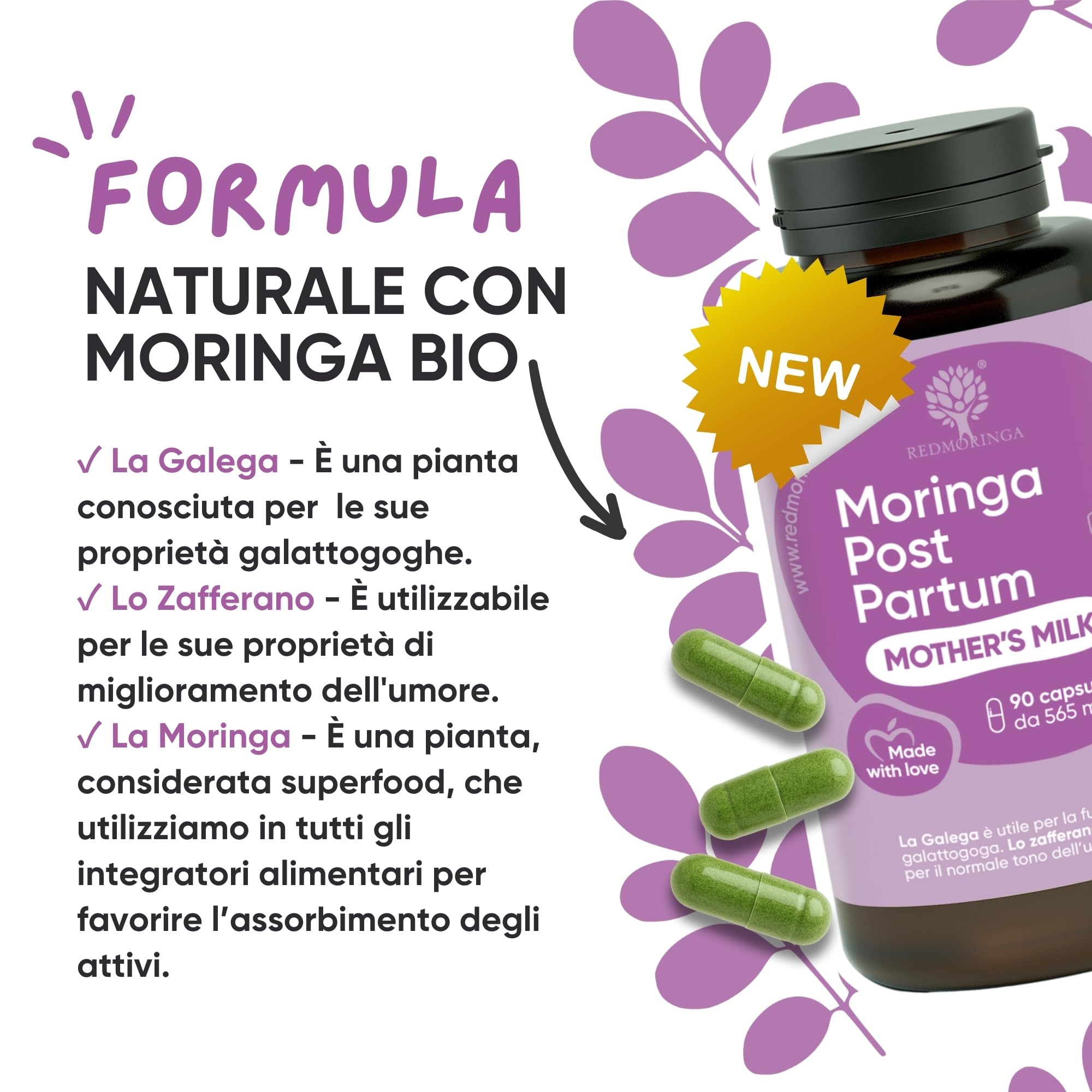 RedMoringa Post Partum Integratore Allattamento e Umore | Galega 2% Lattazione e Zafferano 3,5% Umore | Supporto allattamento al seno 100% Naturale per Neomamma | 270 Capsule Vegetali | UNICO al MONDO
