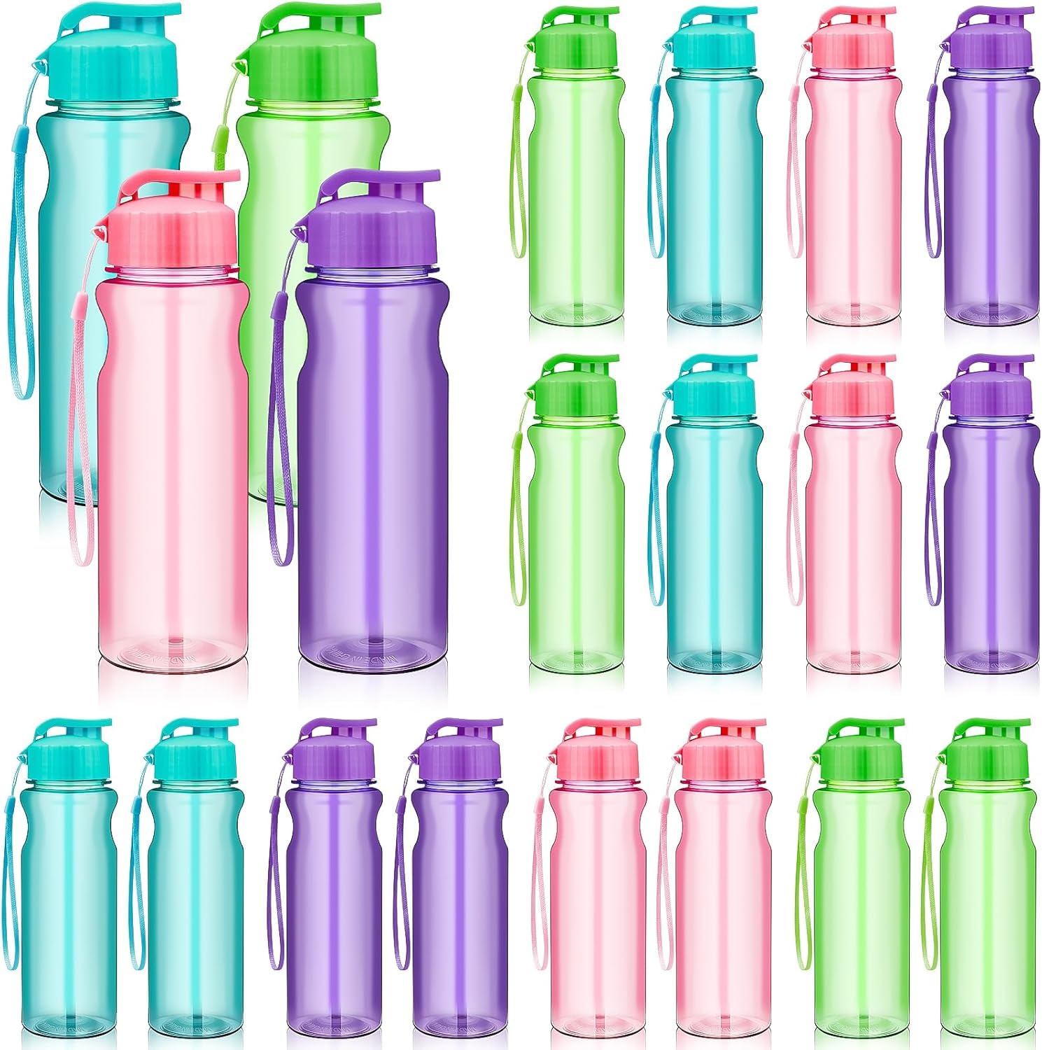 KDXBQ 20 Pieces Water Bottle Bulk for Kids, 500 ml Reusable Plastic Water Bottles with Handle Strap, Leak Proof Flip Top Sports Water Bottles for Summer School Gym Travel (4 Colors)