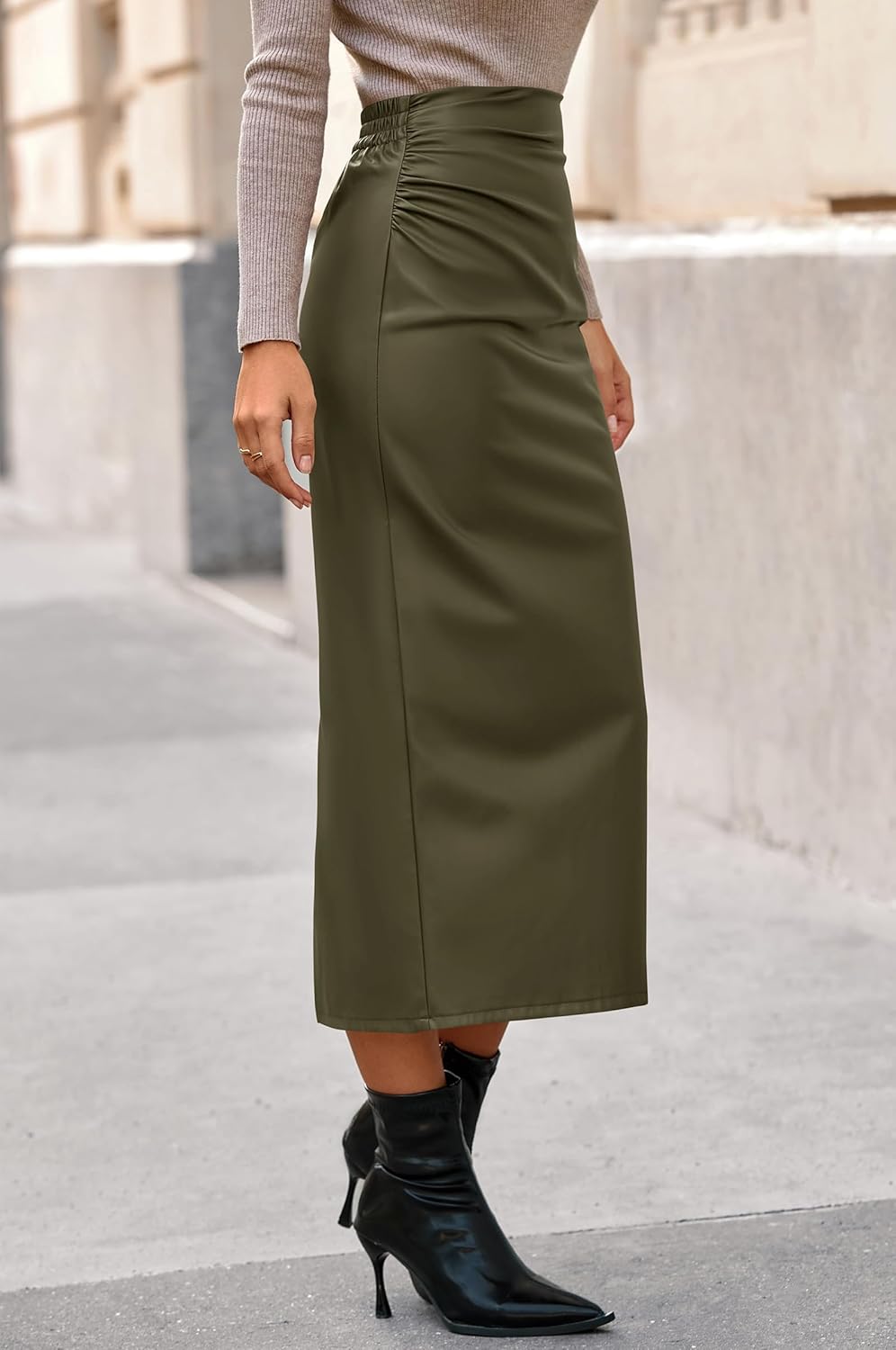 BTFBM Skirts for Women Trendy Spring 2026 Elastic Waist Ruched Bodycon Slit Pencil Midi Leather Skirt Bussiness Casual - Image 4