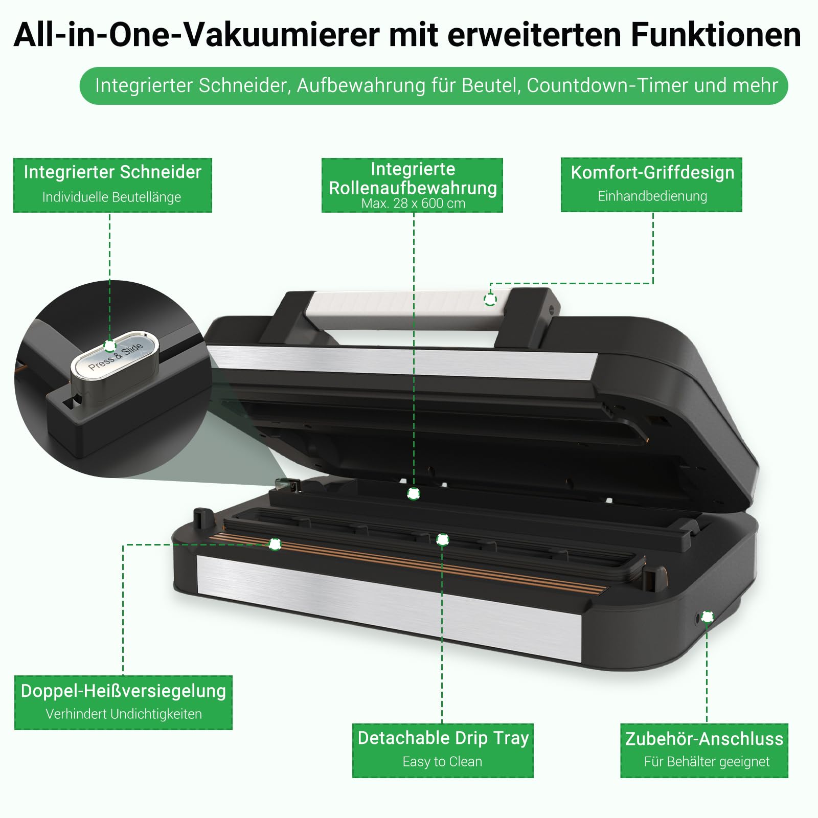 Vakuumiergerät 95kPa Saugkraft 10-in-1 doppelte Heißsiegelung integriertes Schneidemesser Beutelhalterung Easy-Lock-Griff 2 Beutelrollen