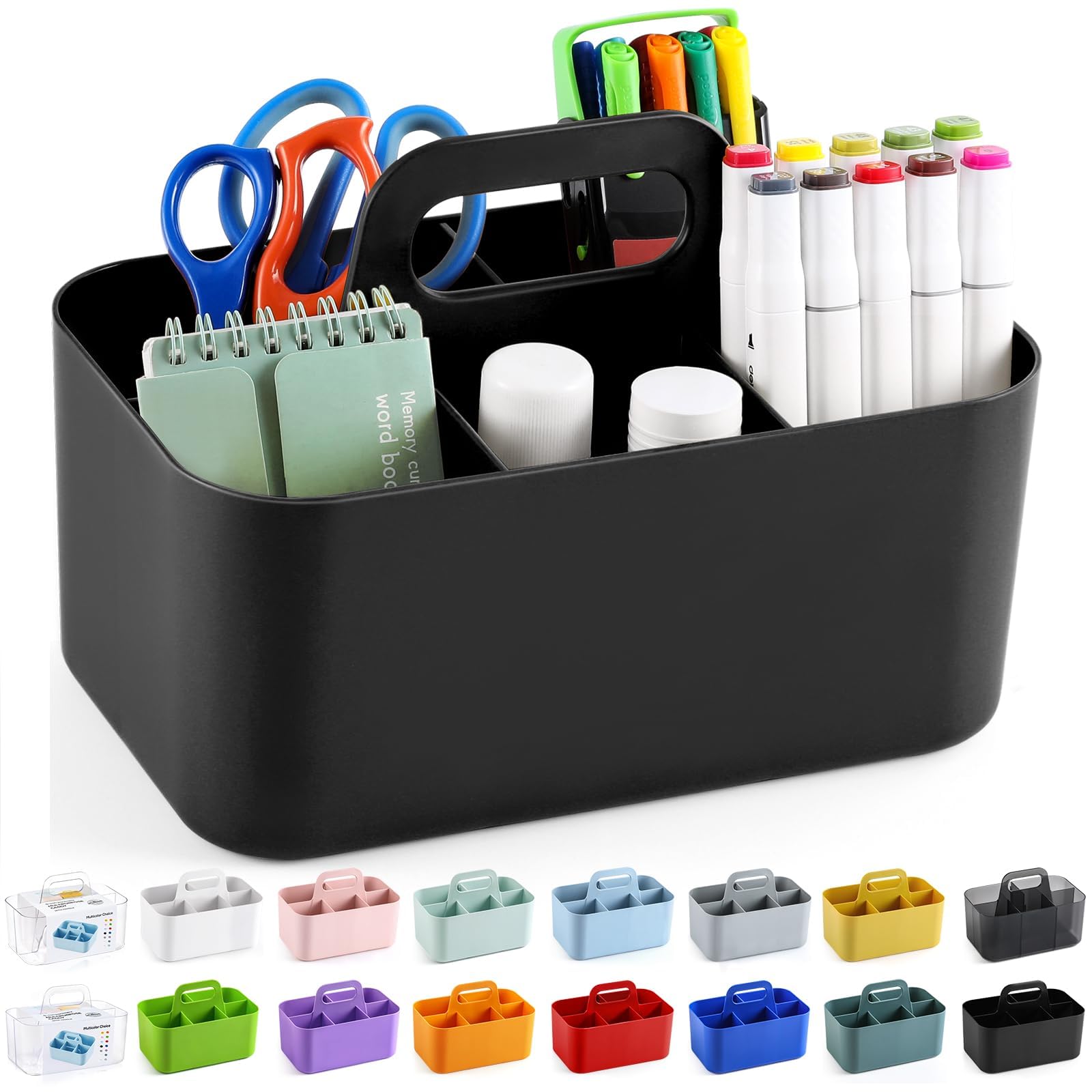 Multiuse Caddy Organizer with Handle - Stackable Plastic Tote Bin - Art Craft Supplies, Office, Desk, Stationery Pen Holder, Kitchen, Utensil, Makeup, Bathroom, Shower, Cleaning, Dorm Organizer -Black