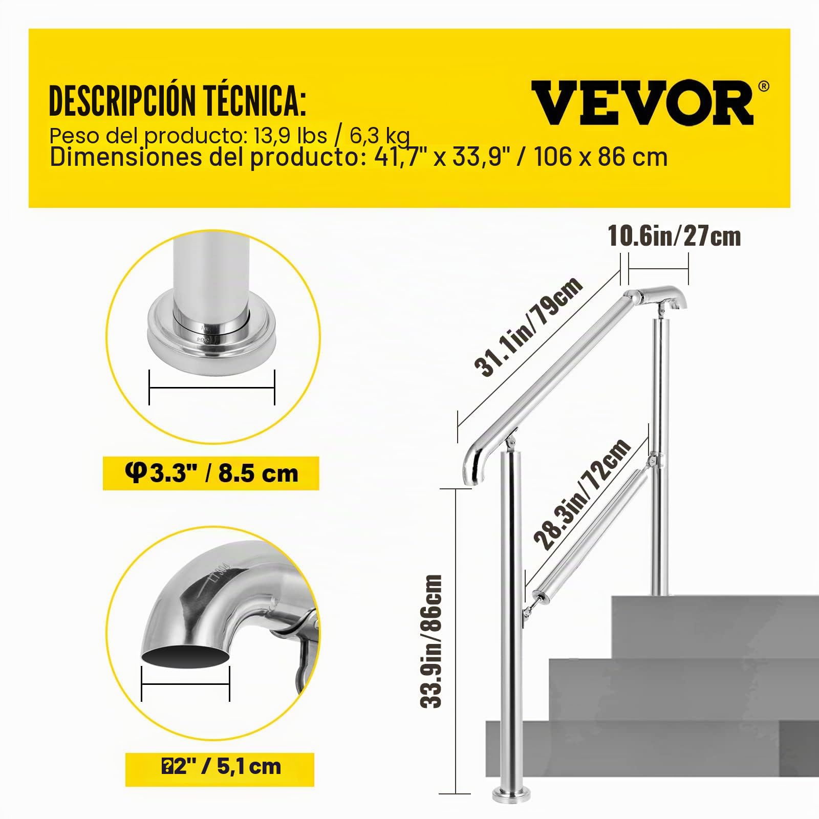 Happybuy Pasamanos Escalera de Acero Inoxidable 304 Barandilla Escalera de 2 a 3 Pasamanos para Escaleras de Color Plata Pasamanos de Pared Ángulo Ajustable 0-60° Montaje en Pared Capacidad de 100 kg