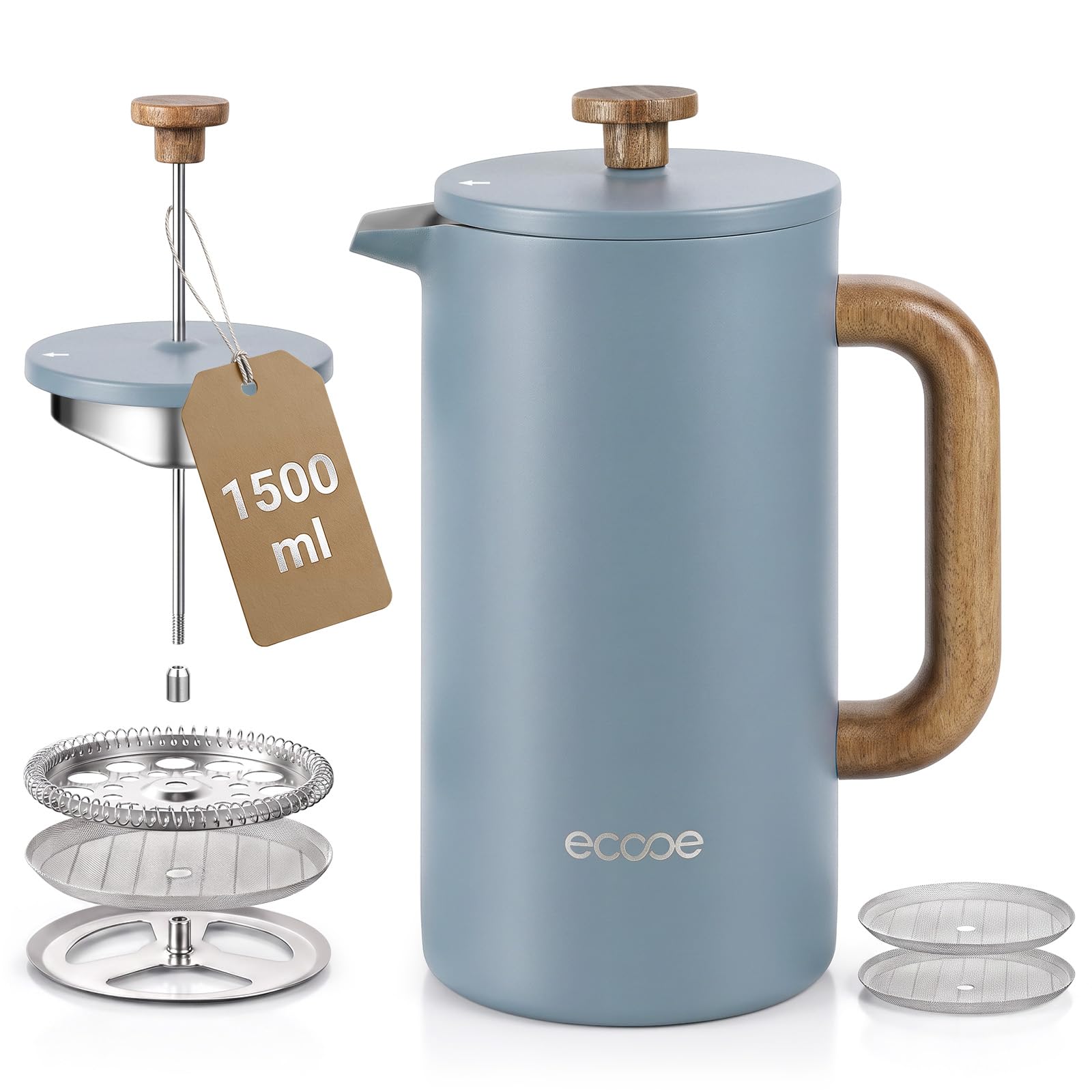 ecooe French Press Kaffeepresse 1,5 L Edelstahl Ddoppelwandig