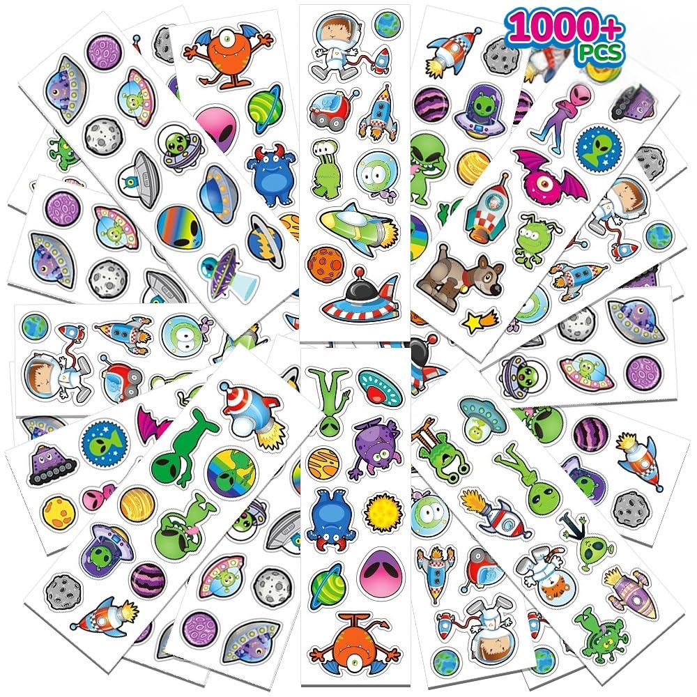 ArtCreativity 1000+ Alien Stickers Assortment, with 100 Sticker Sheets, Space Stickers for Kids, Unique Arts and Crafts Supplies, Outer Space Birthday