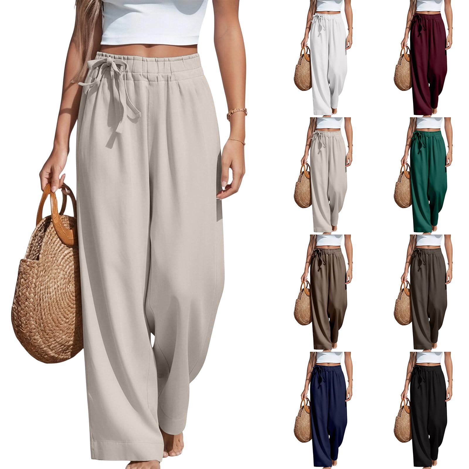 Linen Pants Women High Waisted Flowy Wide Leg Pants Trendy Side Tie Knot Palazzo Pant Casual Beach Pant Vacation Outfits