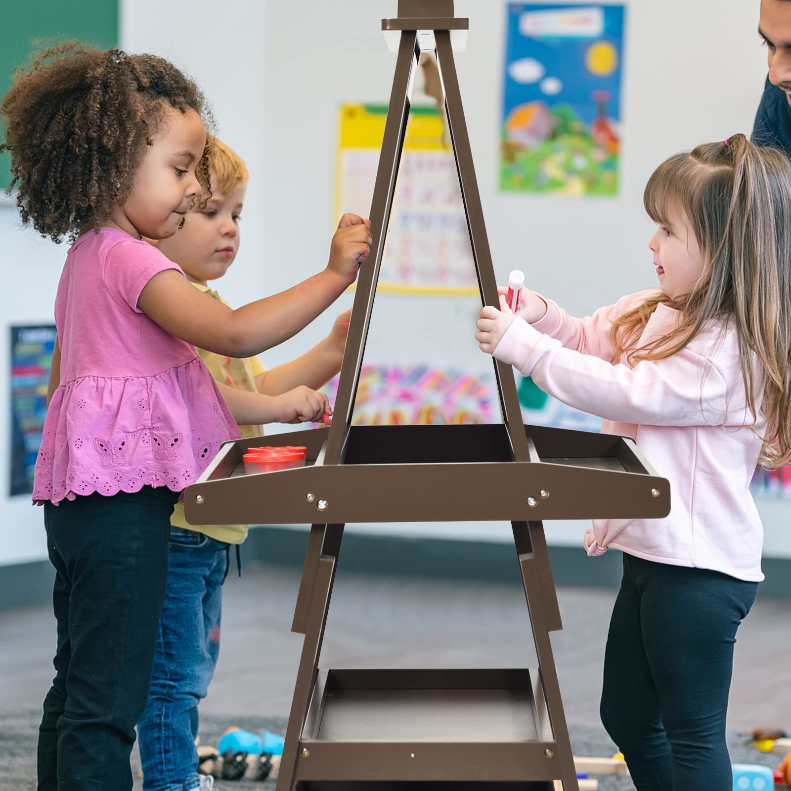 RELAX4LIFE 3 en 1 Pizarra Infantil, Caballete Pintura Niños con Rollo de Papel 5M, Caballete de Doble Cara con 3 Estantes, 2 Cajas, 2 Imanes y 2 Botes de Pintura, Regalo para Niños (Café)