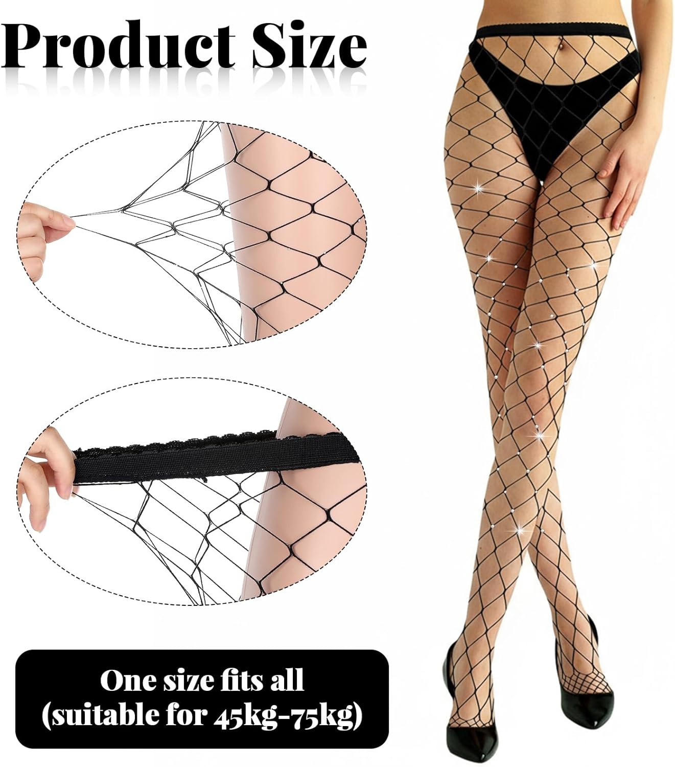 Black Rhinestone Fishnets, Sparkly Fishnets Tights for Women, Elastic Black Rhinestone Fishnet Tights, Large Mesh Thigh Fishnet for Women - Image 2