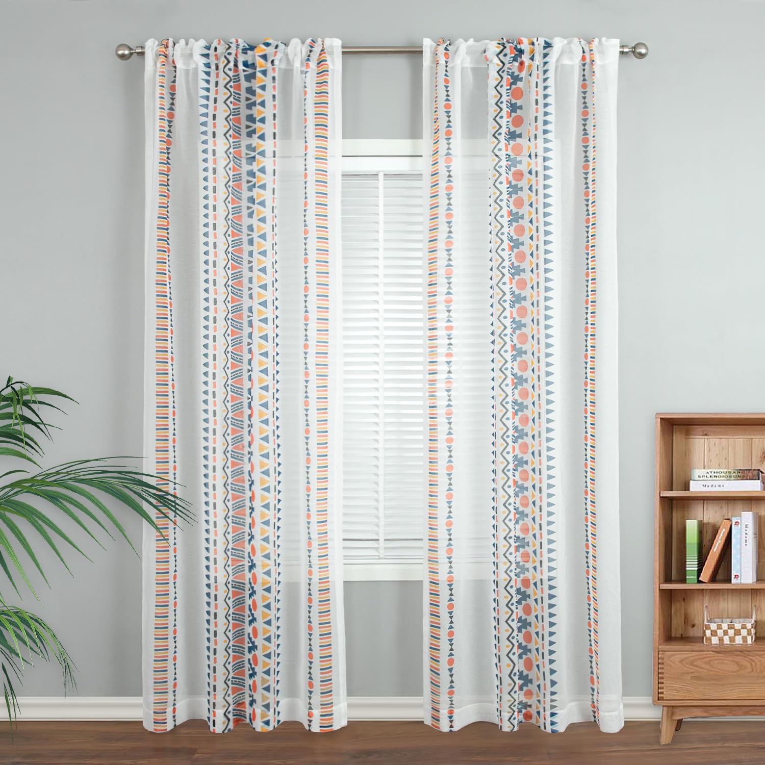 VOGOL Boho Style Sheer White Curtains, Colorful Geo Printed Light Filtering Drapes for Living Room, Decorative Rod Pocket Sheer Voile for French Door, 52 x 84, 2 Panels