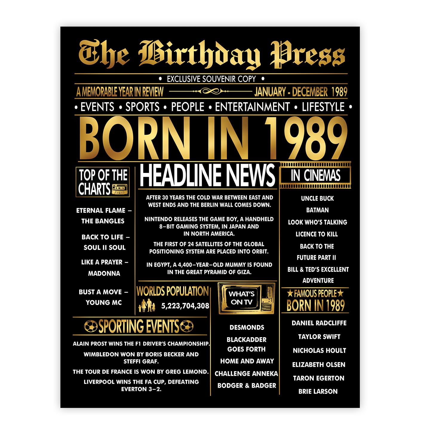 Stuff4 Men's 1989 Gold 37Th Birthday Poster Unframed - Golden Born In Newspaper - Happy 37 Birthday For Wo Retro Vintage Gifts Back In 8X10 Inch Bday Party Decor Decoration