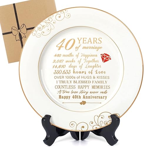 Regalos de boda de 40 aniversario para esposa, plato de 40 aniversario con lámina de oro de 24 quilates, decoraciones de feliz aniversario de 40
