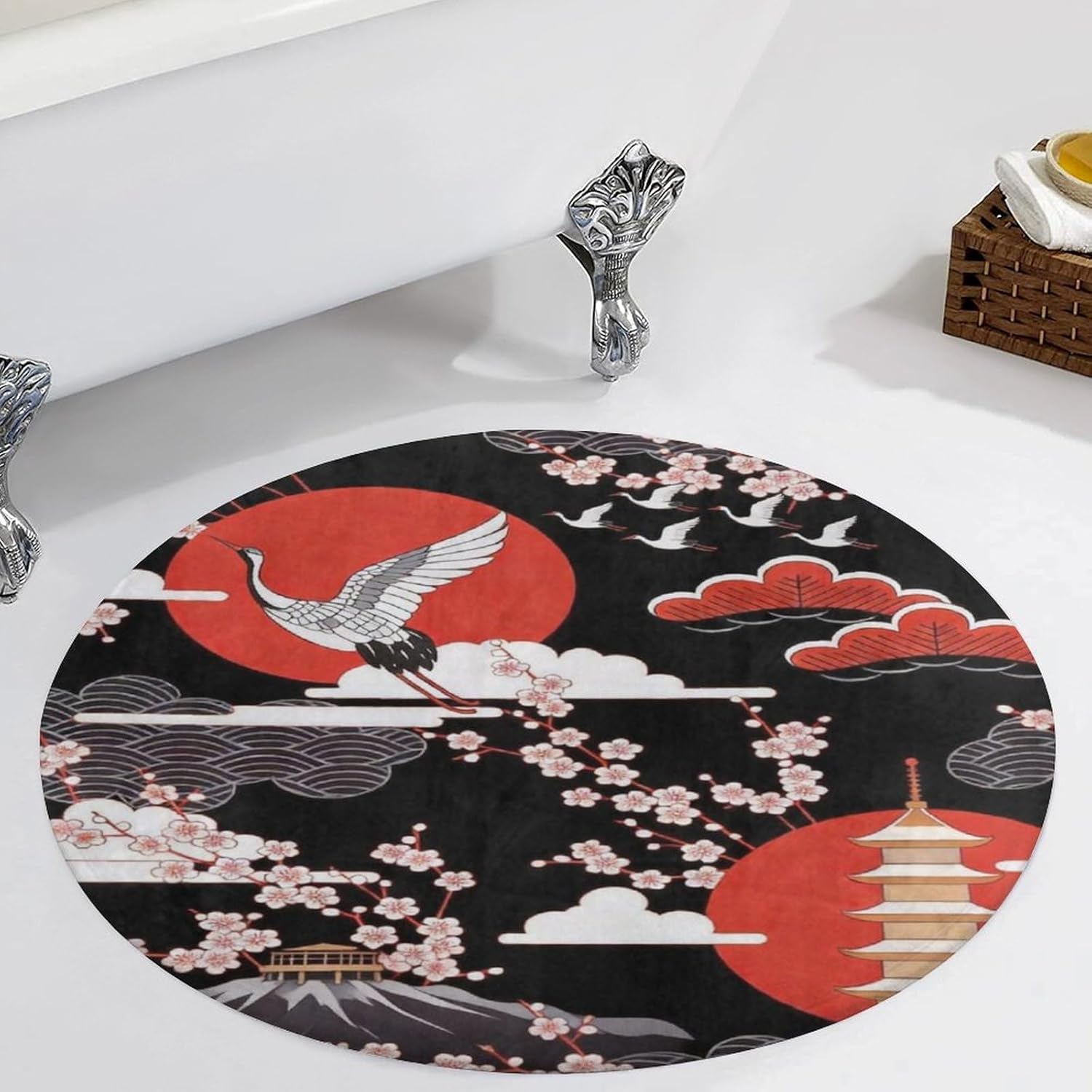 Kuizee Round Area Rug Mat Japanese Decoration Crane Plum Blossom Black Red Living Room Bedroom Bathroom Kitchen Home Decor Coral Velvet Non-Slip Round Carpet 36.2 Inch