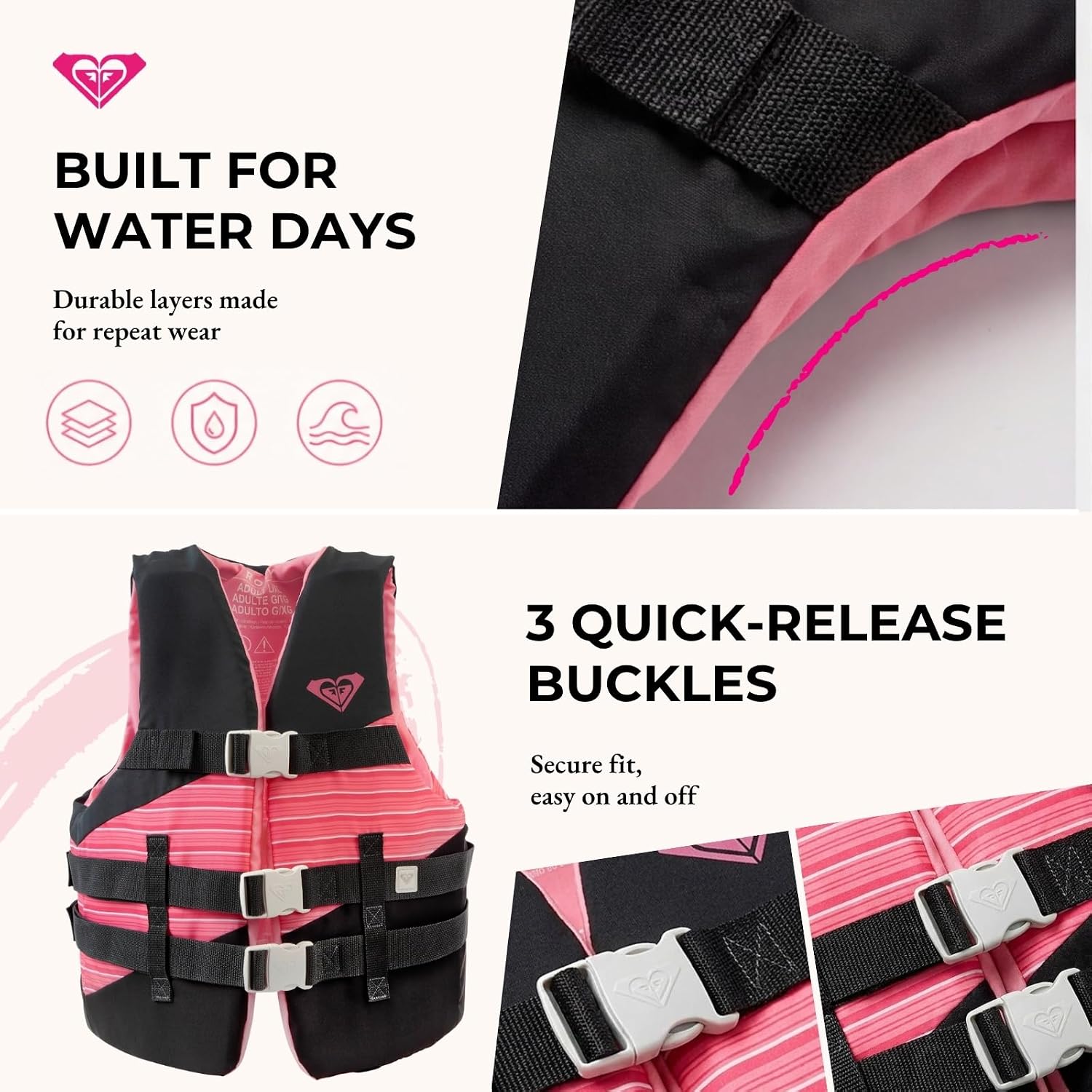ROXY Women’s Life Jacket, USCG Approved Type III PFD, Light-Weight EPE Foam Life Vest for Adults, for Wakeboarding Waterskiing Rafting Boating and Kayaking Watersports