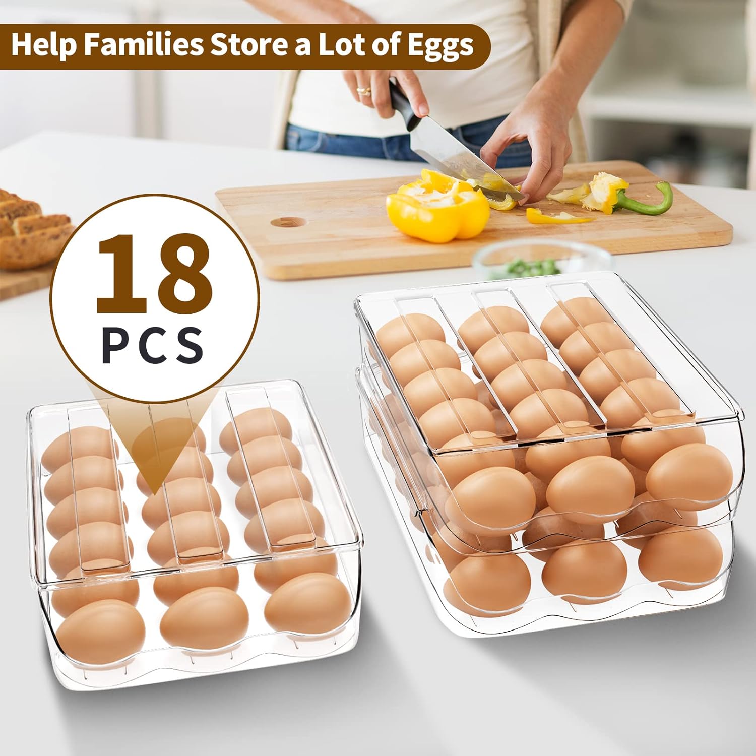 Large Capacity Egg Container for Refrigerator, Rolling Egg Holder for Refrigerator with Detachable Lid, Stackable Egg Tray Organizer for Fridge - 3 Layer, Clear Egg Storage Dispenser