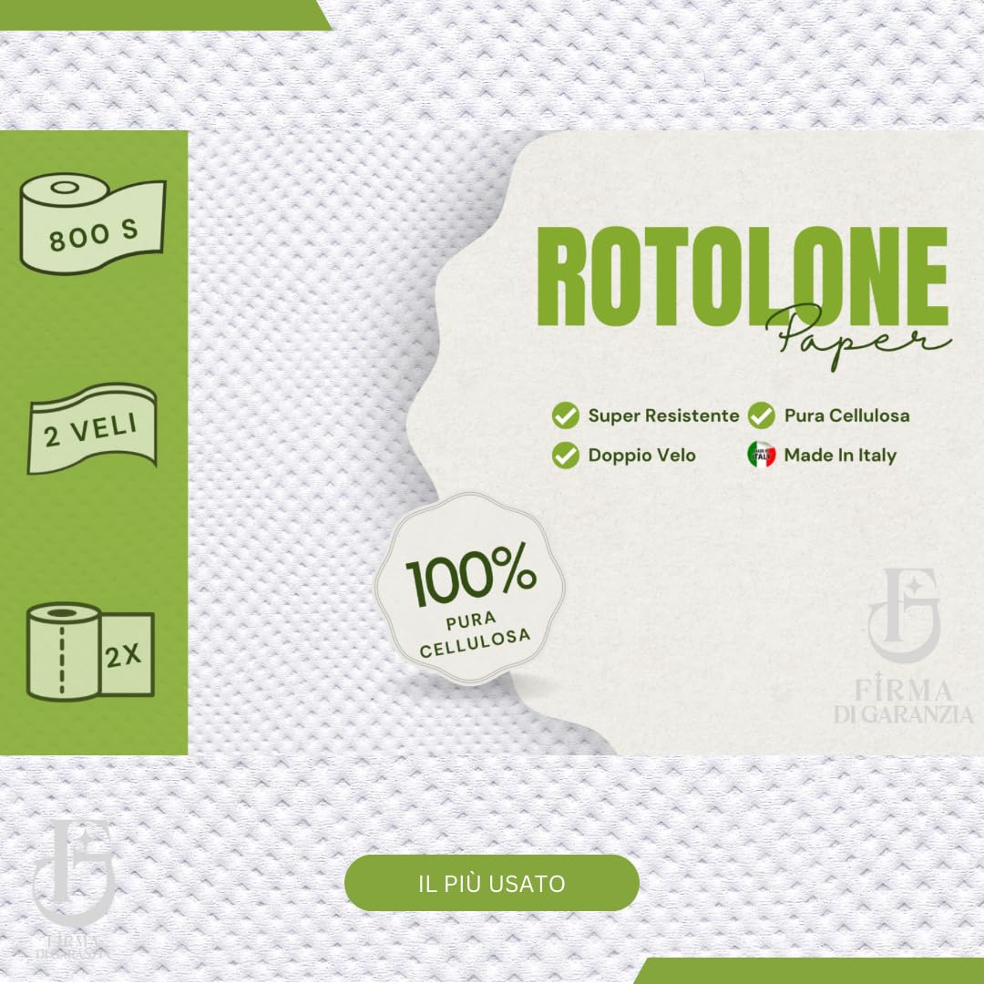 2 Rotoli carta Asciugatutto industriali extra resistenti - 1600 Strappi Rotolo, Bobina Pura Cellulosa 2 Veli idonea per dispenser - Rotoloni asciugatutto, carta assorbente cucina