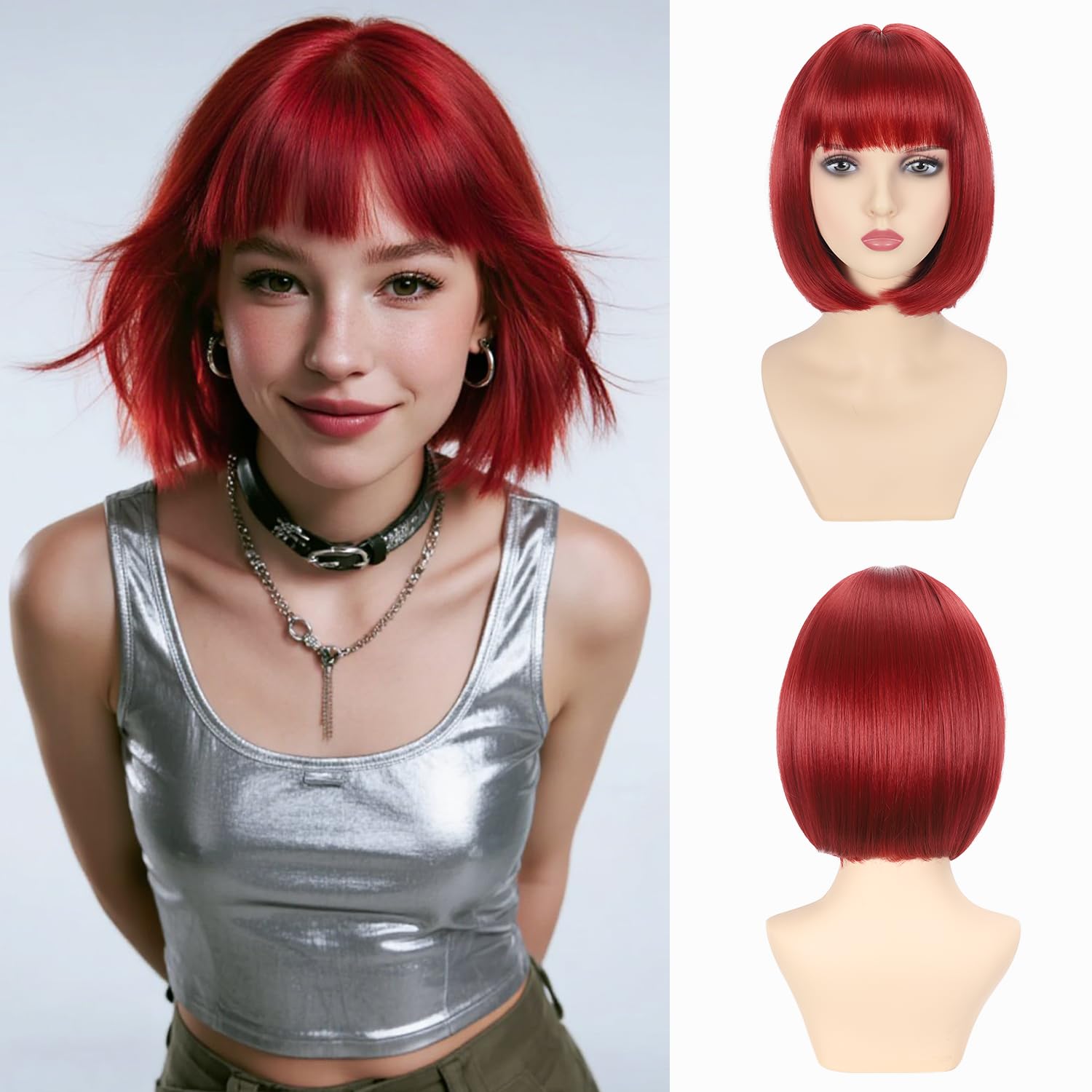 Short Straight Synthetic Bob Wig with Bangs, Heat Resistant and Glueless