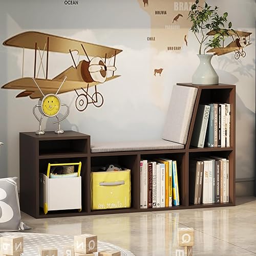 Estantería infantil con rincón de lectura, estantería para niños de 5 compartimentos con cojín de asiento, organizador de almacenamiento de juguetes