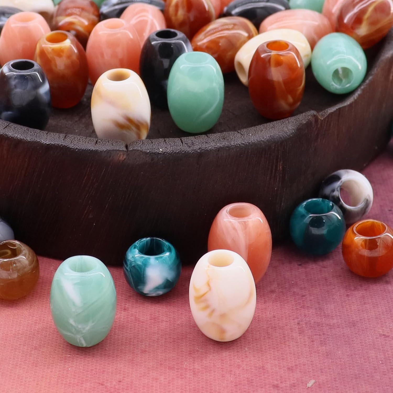 150pcs 17mm Barrel Beads + 12mm Round Beads Macrame Large Hole Acrylic Mix Color for Craft Hair Beads African Beads Marble Texture (Hole: 5.5mm)