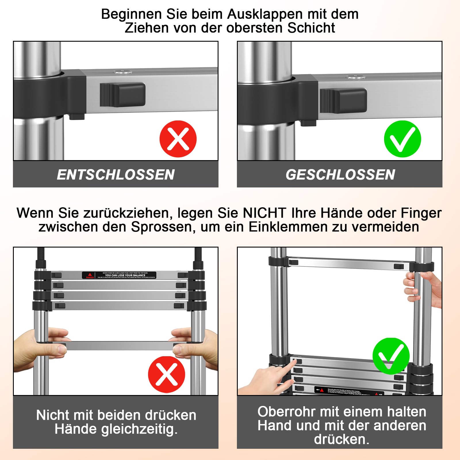 5M verdickte Teleskopleiter mit abnehmbaren Haken Edelstahl ausziehbare Faltbare 16.5ft Leiter, stärker als Aluminiumleiter