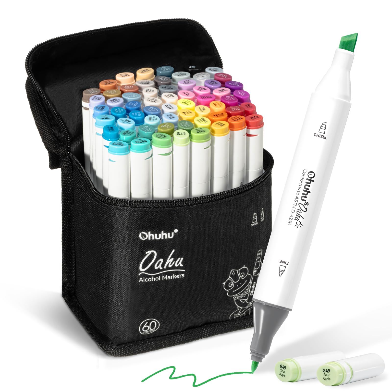 Ohuhu Alcohol Markers 40/60/80/120 Colors: Dual Tips Alcohol Marker for Artists Adults Coloring Sketch Illustration - w/ 1 Colorless Blender - Chisel & Fine Dual Tip - Oahu Series (60 Colors)