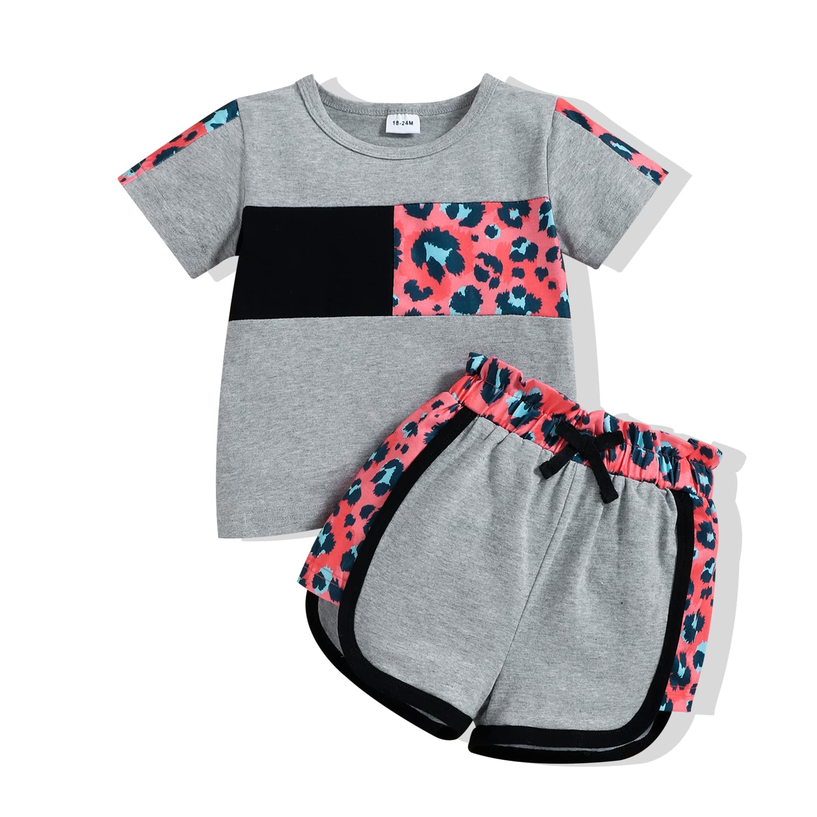 Photo 1 of Toddler Baby Girl Clothes Leopard Printed Short Sleeve T-Shirt + Short Pants 2Pcs Summer Outfits Clothing Set 3-4 Years C09 Grey 