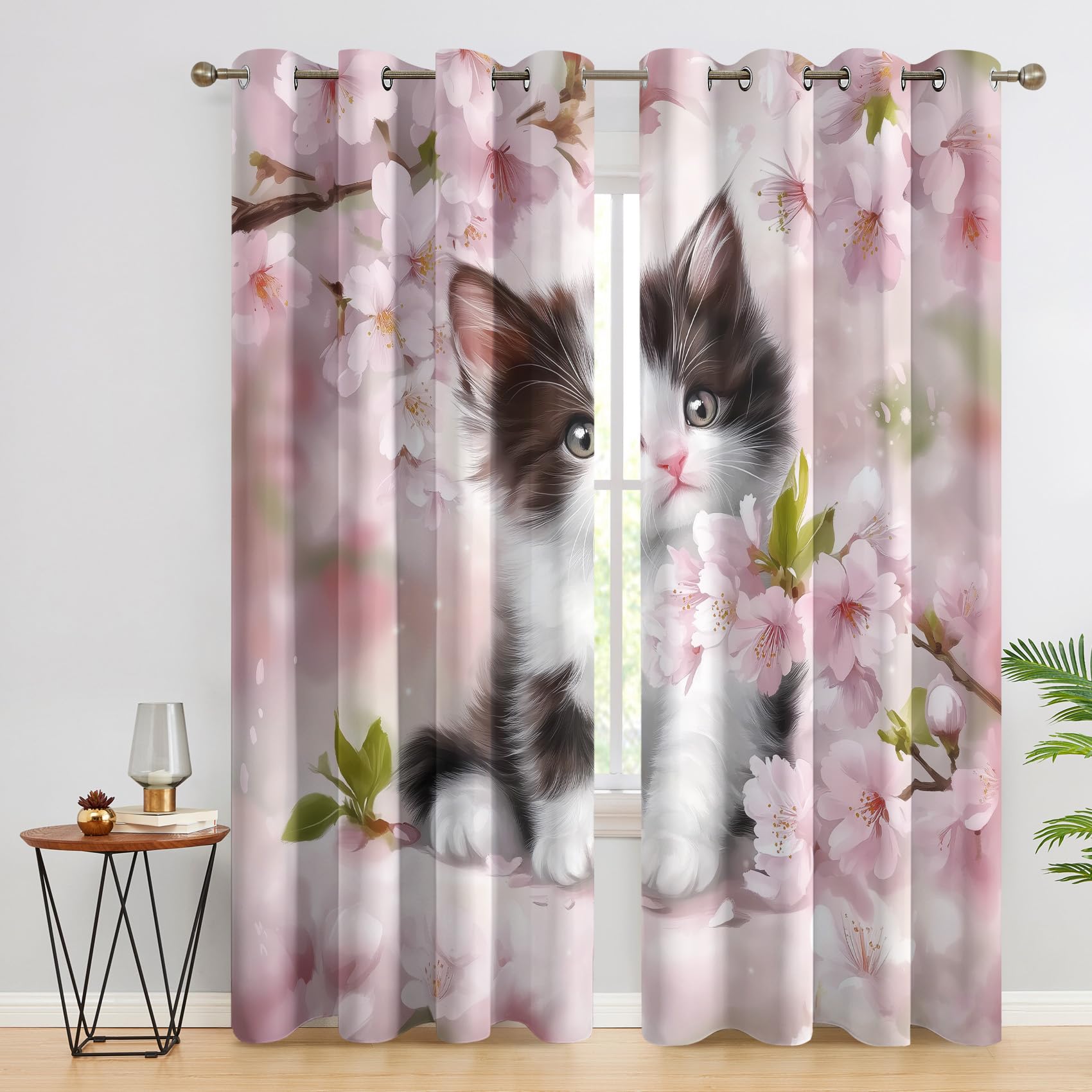Rideau Occultant Chaton - Rideaux Thermiques à Oeillets - Rideau Imprimé Motif Chat Rose Fleuri pour Salon Chambre Fenetre - Lot de 2 Rideaux et Draperies Intérieurs - 117x183 cm (L x H)