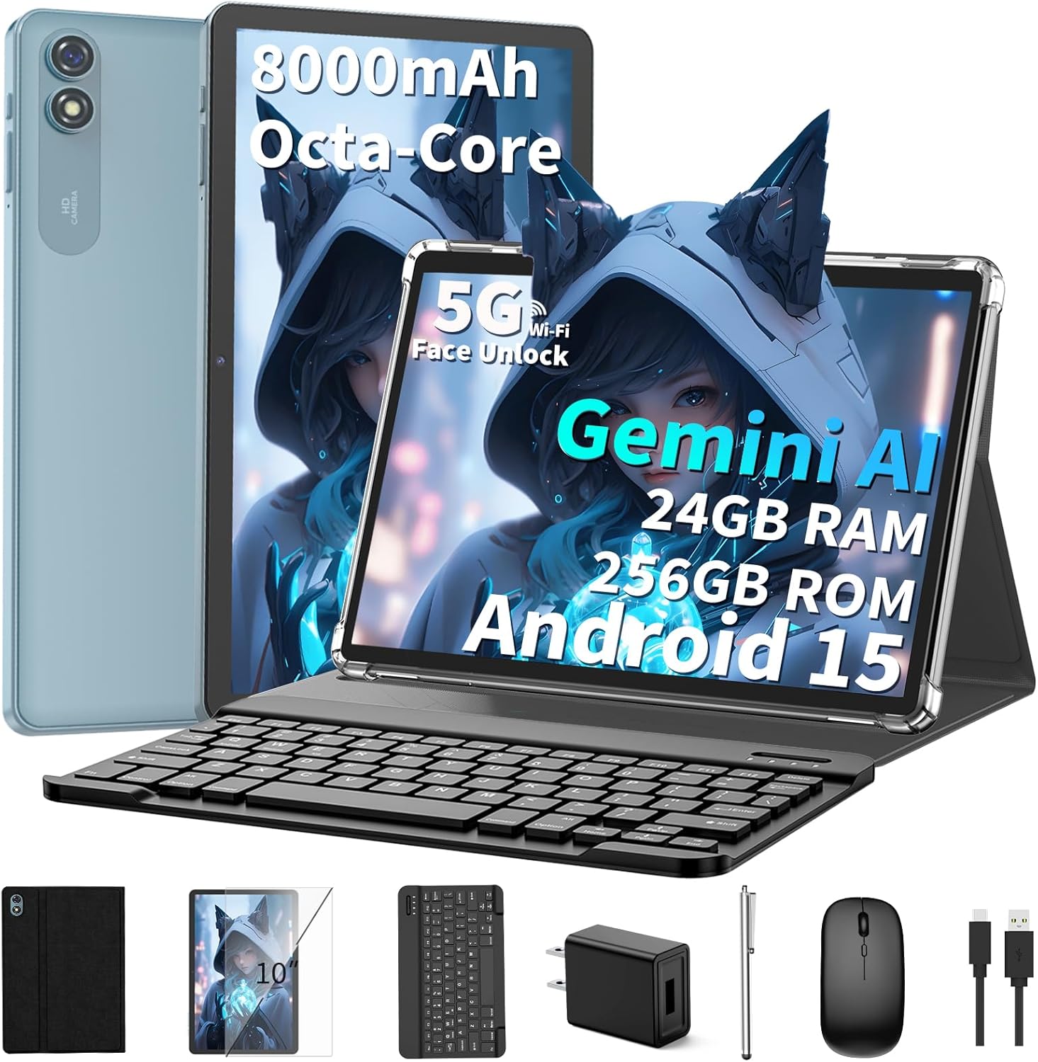 10 inch Android 15 Tablet, 2026 Tablet with Keyboard, 24GB+256GB+2TB Expand, Tablets PC with Gemini AI, 8000mAh Battery, 5G WiFi, Widevine L1, 2 in 1 Tablets with Case, Mouse, Stylus (Black Case)