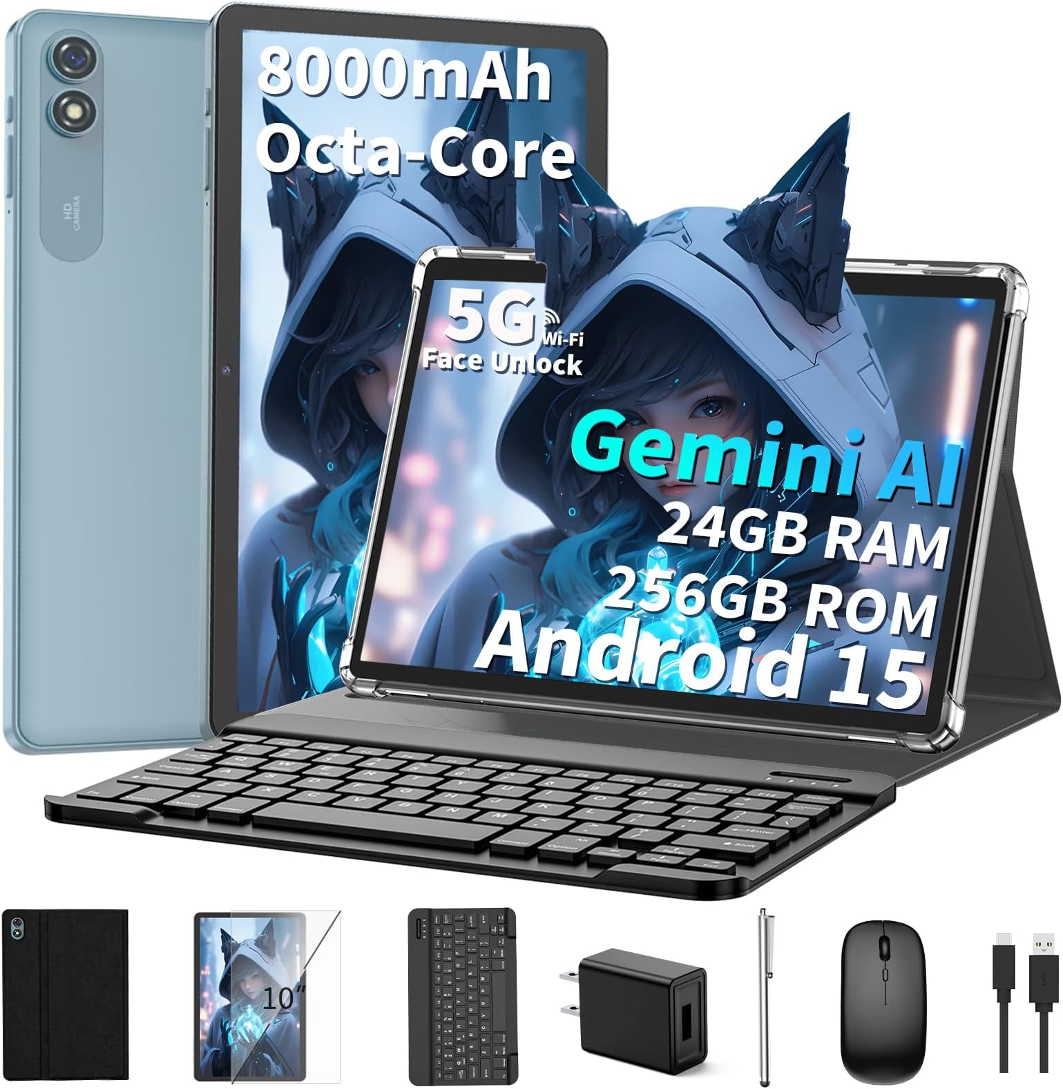 10 inch Android 15 Tablet, 2026 Tablet with Keyboard, 24GB+256GB+2TB Expand, Tablets PC with Gemini AI, 8000mAh Battery, 5G WiFi, Widevine L1, 2 in 1 Tablets with Case, Mouse, Stylus (Black Case)