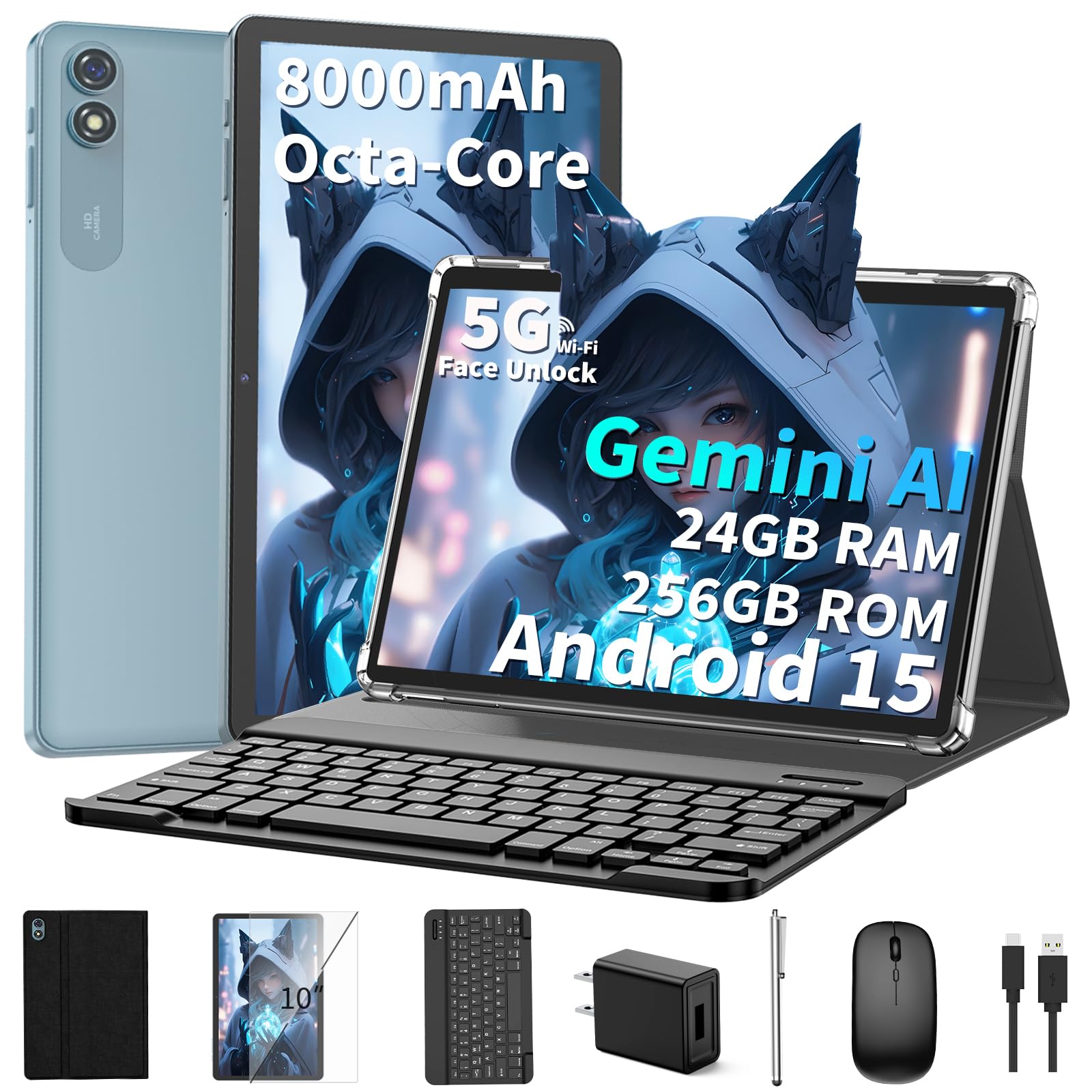 - 10 inch Android 15 Tablet, 2026 Tablet with Keyboard, 24GB+256GB+2TB Expand, Tablets PC with Gemini AI, 8000mAh Battery, 5G WiFi, Widevine L1, 2 in 1 Tablets with Case, Mouse, Stylus (Black Case)