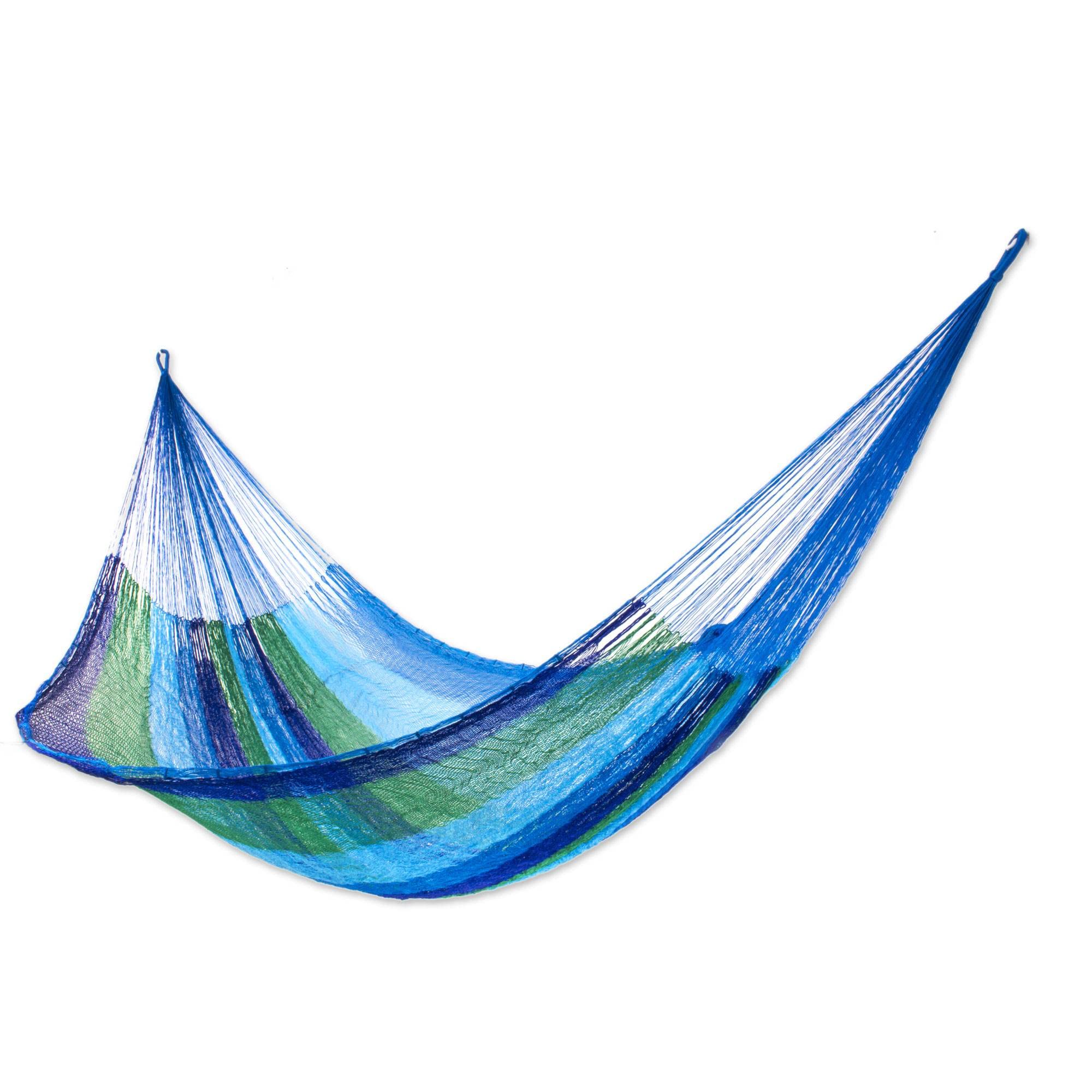 NOVICA Green Aqua Blue Striped Nylon Hand Woven Mayan Rope 2 Person XL Hammock, Sea Breeze' (double)