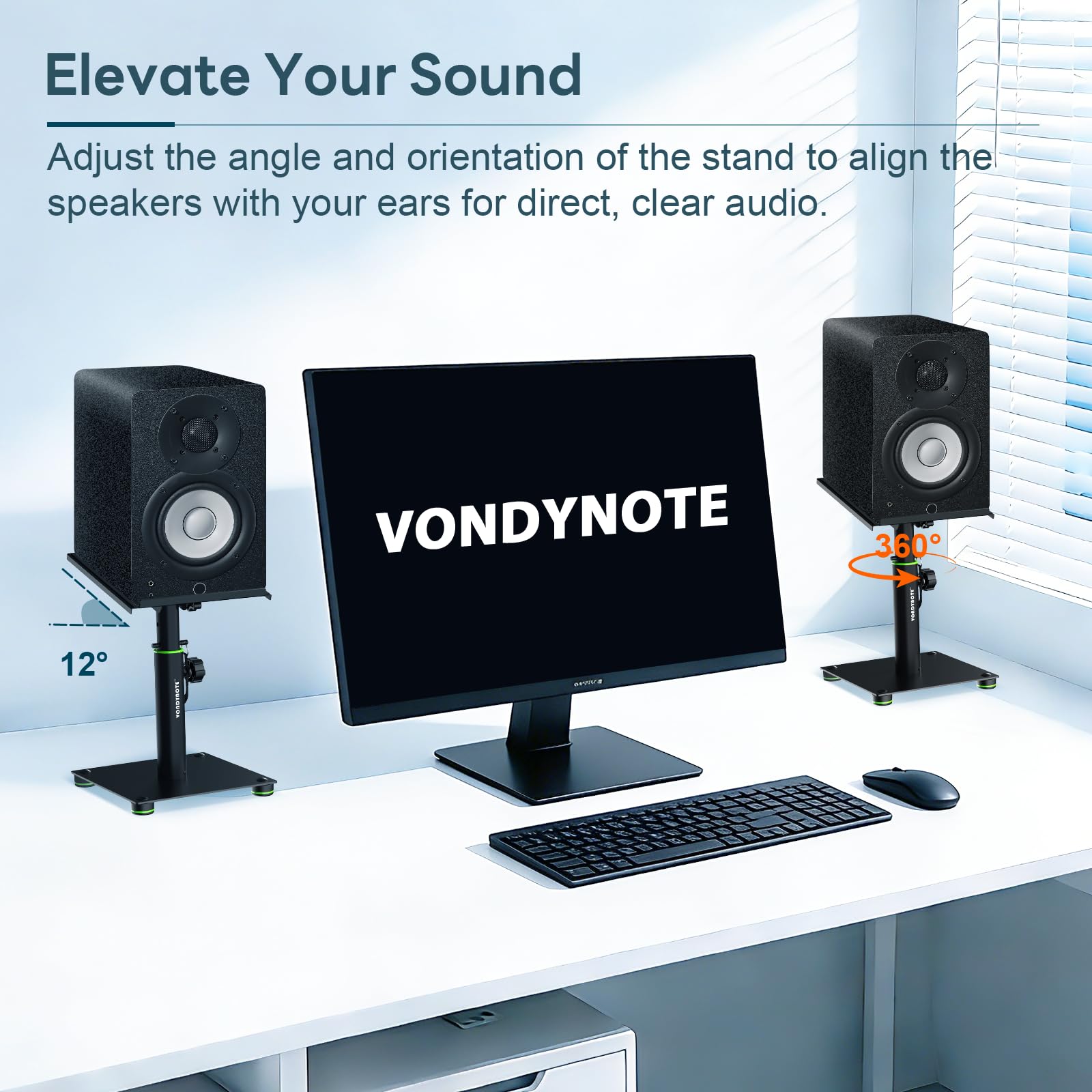 Vondynote Coppia di supporti per altoparlanti da scrivania, inclinabili a 12°, altezza regolabile da 27,9 cm a 40,6 cm, supporti in metallo per monitor da studio, laptop o proiettori