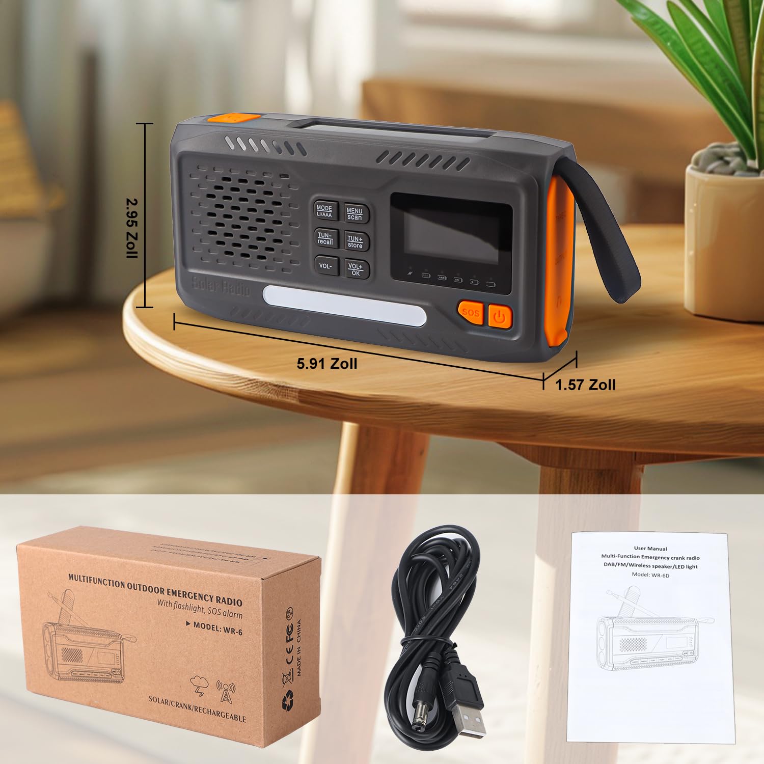 Radio de emergencia, radio de manivela, radio solar portátil FM/DAB+/DAB con batería externa de 4000 mAh, cargador de teléfono, carga USB, manivela, alarma SOS, linterna de 3 modos, para