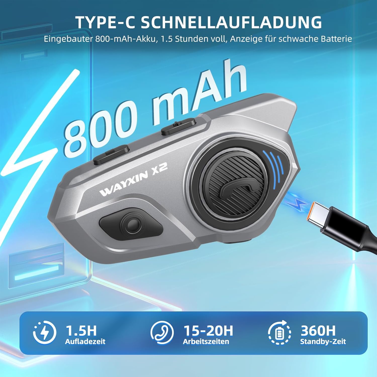 X2 Motorrad Intercom,Helm Headset, Motorrad Bluetooth Headset für bis zu 4 Motorräder, Headset motorradhelm mit HiFi/Musik Teilen/AI Sprachassistent /IP67 Wasserdicht (1pc)