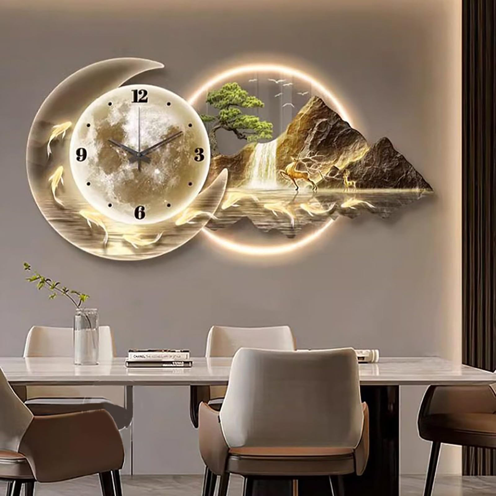 Grande orologio da parete 3D con luce LED, design creativo e silenzioso, paesaggio panoramico, arte per camera da letto, soggiorno, ufficio, decorazione da parete moderna, 100,3 x 50 cm