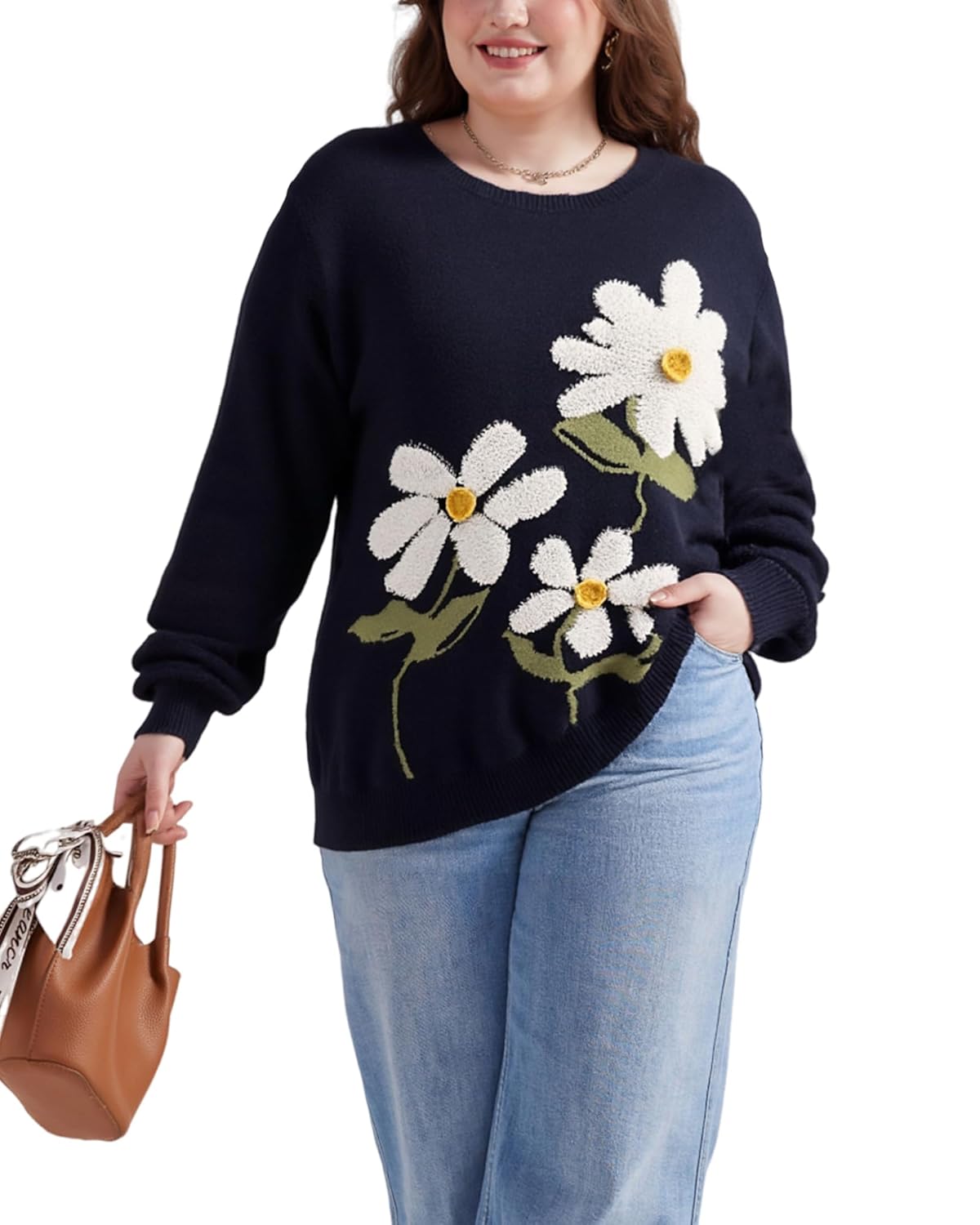 Womens Daisy Sweater Plus Size Casual Floral Crewneck Long Sleeve Fall Winter Puff Flower Knit Pullover Jumper Tops