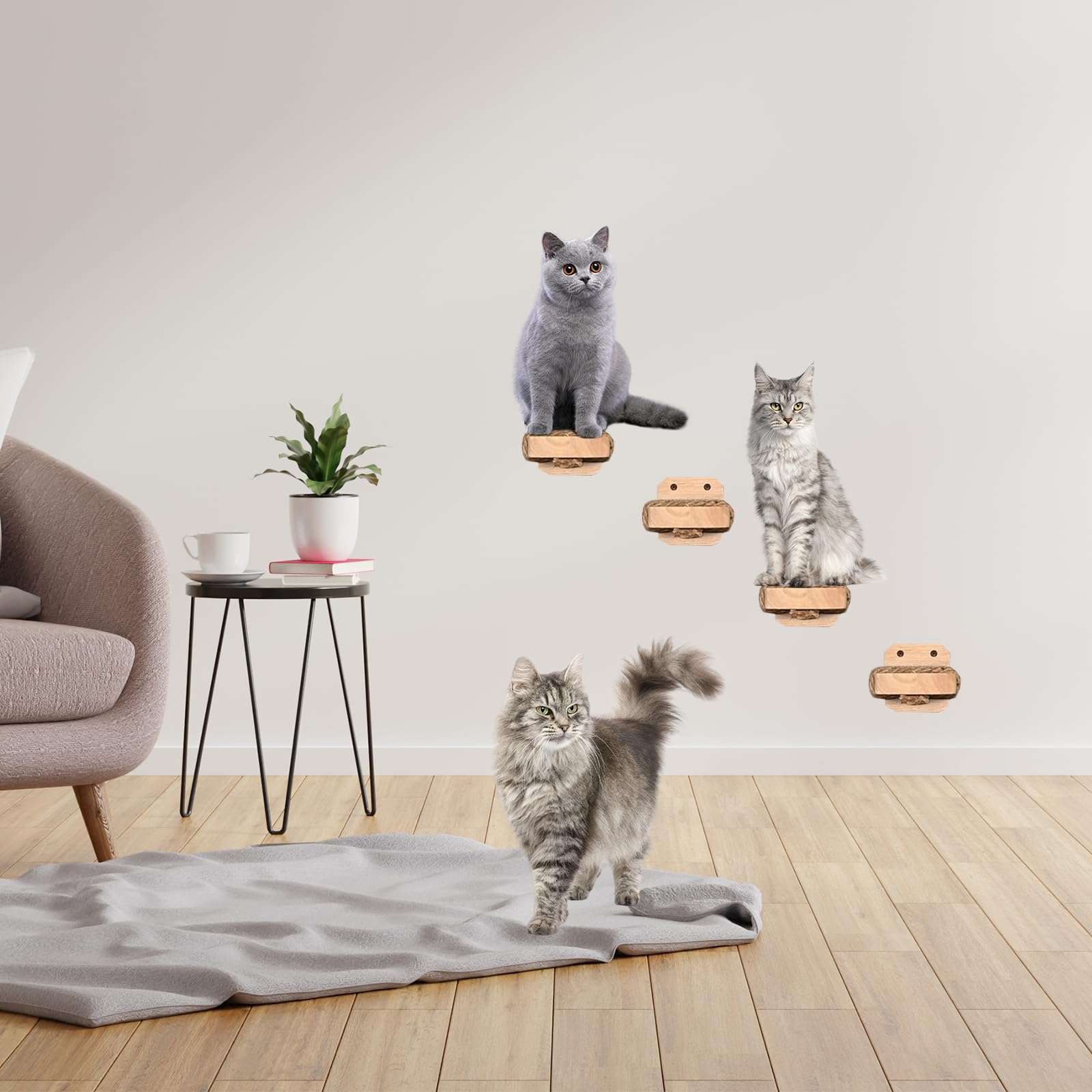 4 in 1 Kletterwand für Katzen Katzentreppe Wand, Wandliege mit Juteseil zum Kratzen, Katzentreppe Plattform aus Massives Gummiholz, für Katze Klettern Spielen, Maximale Tragfähigkeit 35kg