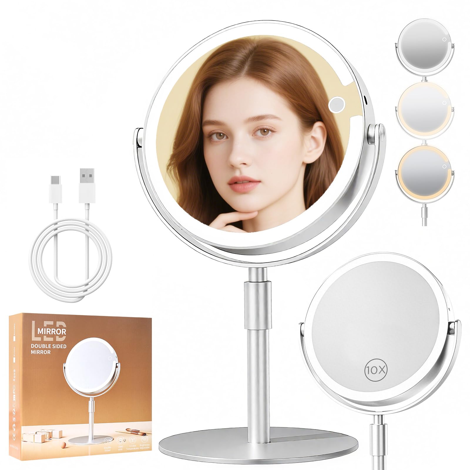 Lighted Makeup Mirror with Magnification (1X/10X), 8" Round Magnifying Vanity Mirror with Lights, Cordless Double Sided Light Weight Aluminum Alloy - Gifts Idea