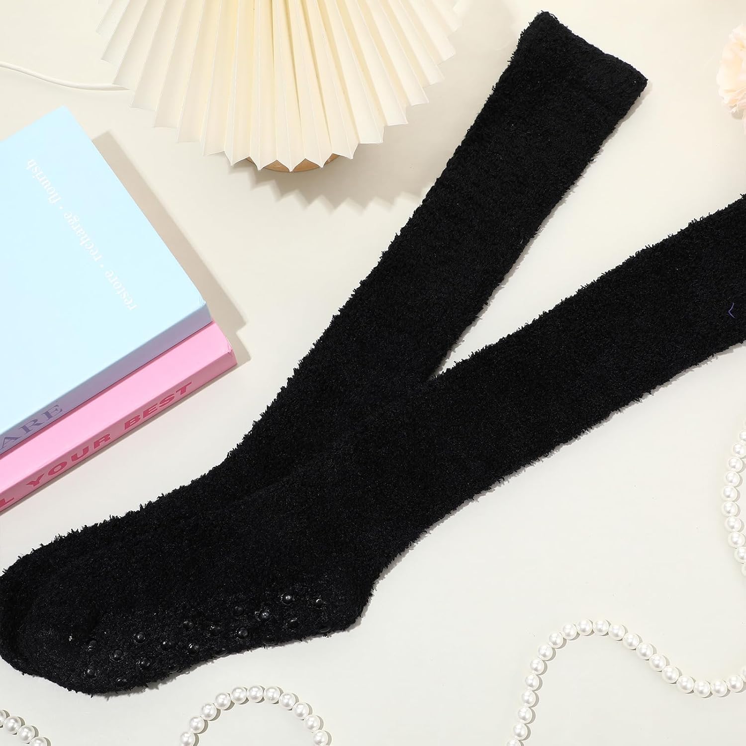 Janmercy 2 Pairs Non Slip Crew Socks Hospital Socks with Grips Cozy Fuzzy Slipper Knee High Stocking for Women, Men - Image 5